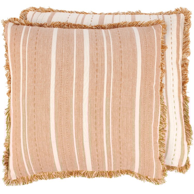 Vintage Striped Rust Throw Pillow with Fringe Trim and Zippered Cover