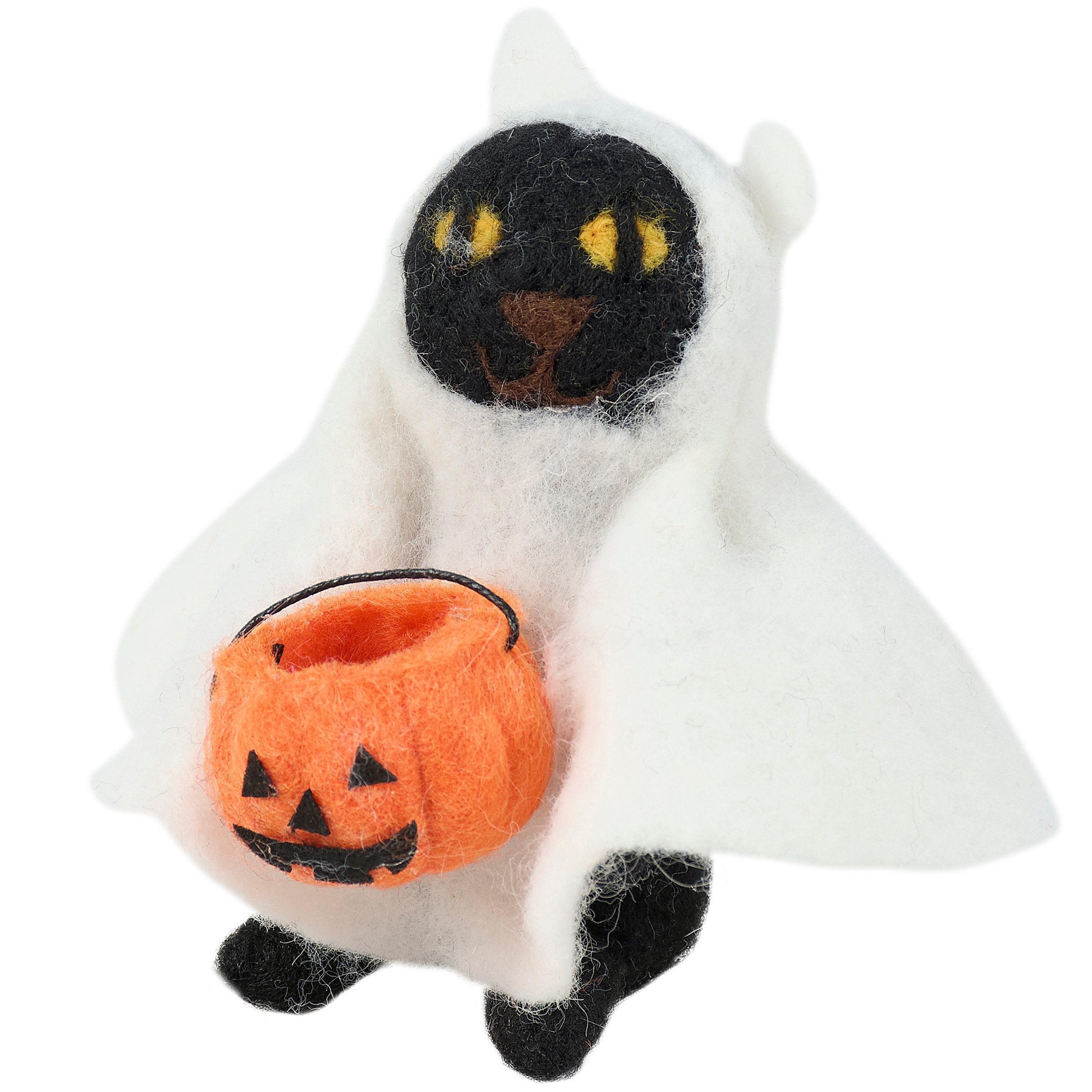 Spooky Ghost Cat Critter with Pumpkin Bucket - Felt Halloween Decor