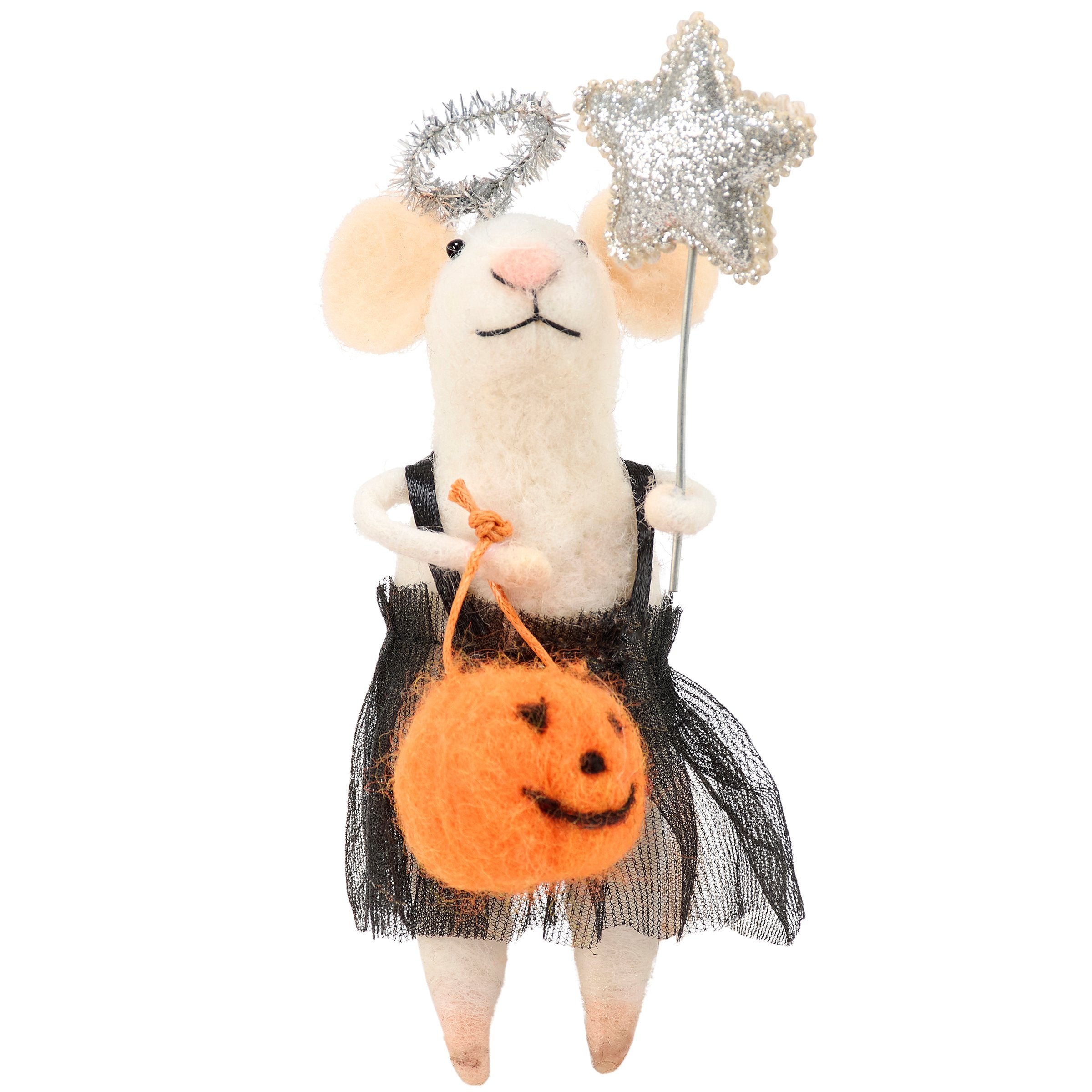 Charming Felt Angel Mouse Critter Halloween Decor with Pumpkin Bucket and Halo