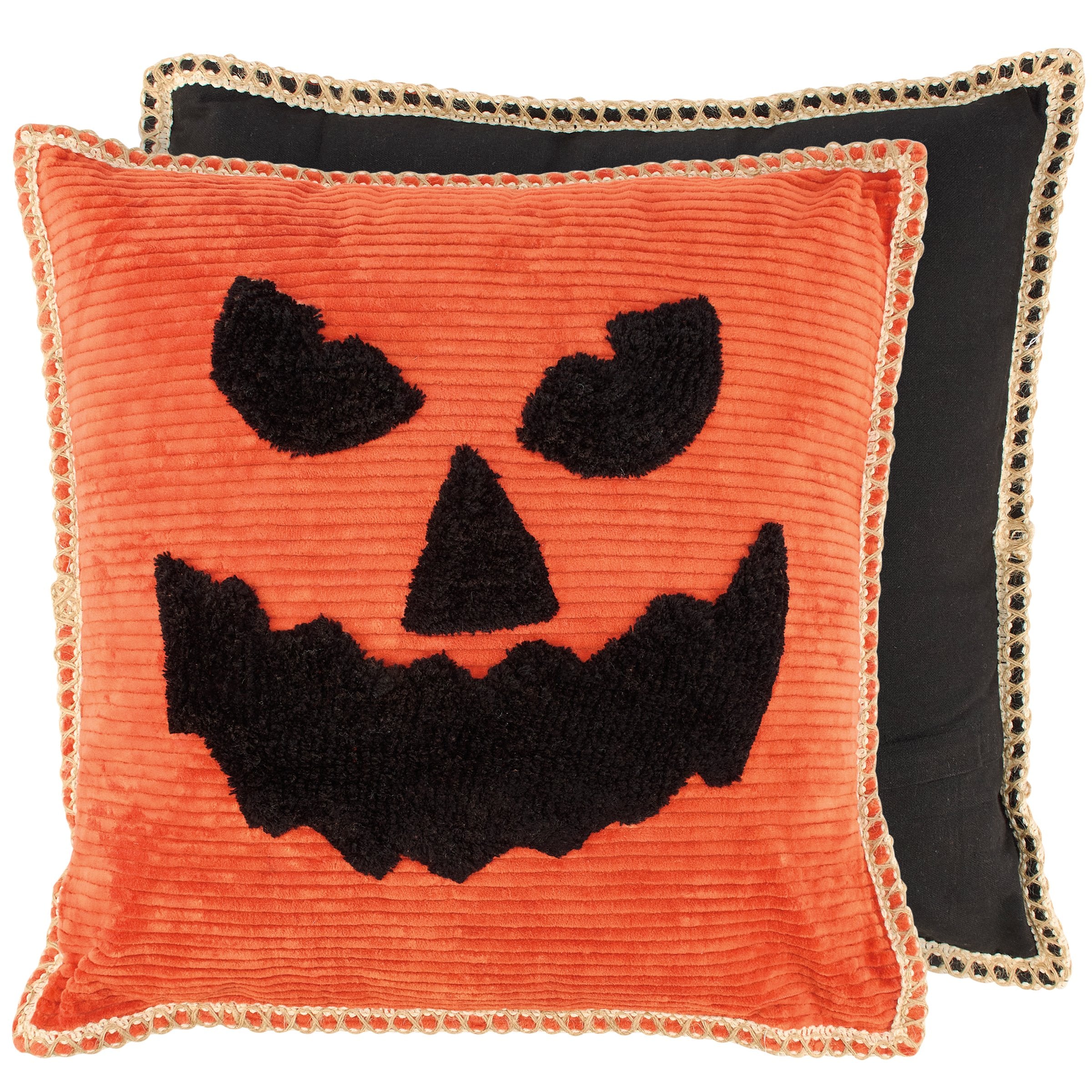 Orange Corduroy Scary Jack O'Lantern Pumpkin Face Pillow, Machine-Washable with Zipper
