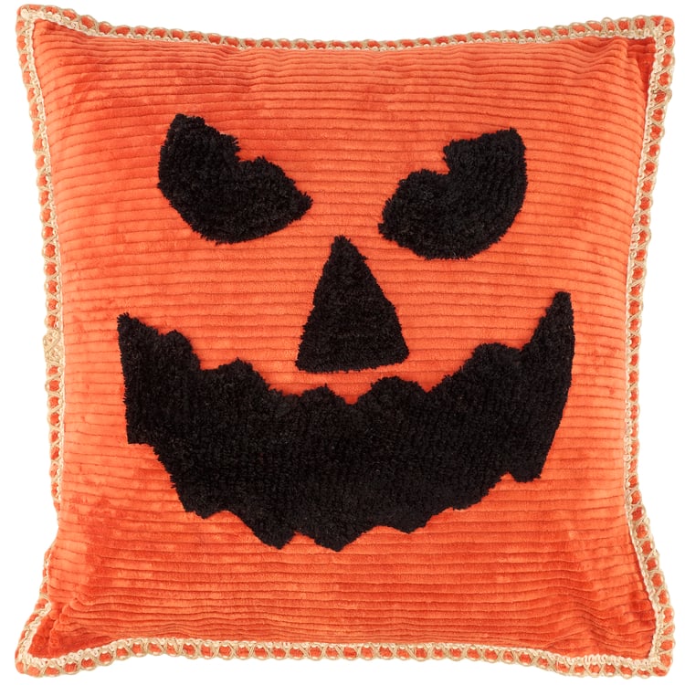 Orange Corduroy Scary Jack O'Lantern Pumpkin Face Pillow, Machine-Washable with Zipper