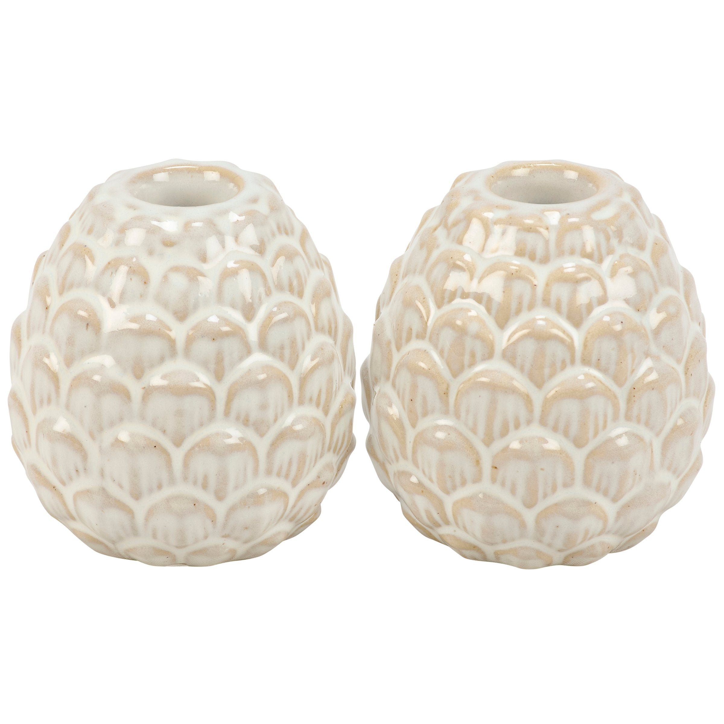 Charming Rustic Pinecone Taper Candle Holders Set - Cream Glaze Stoneware