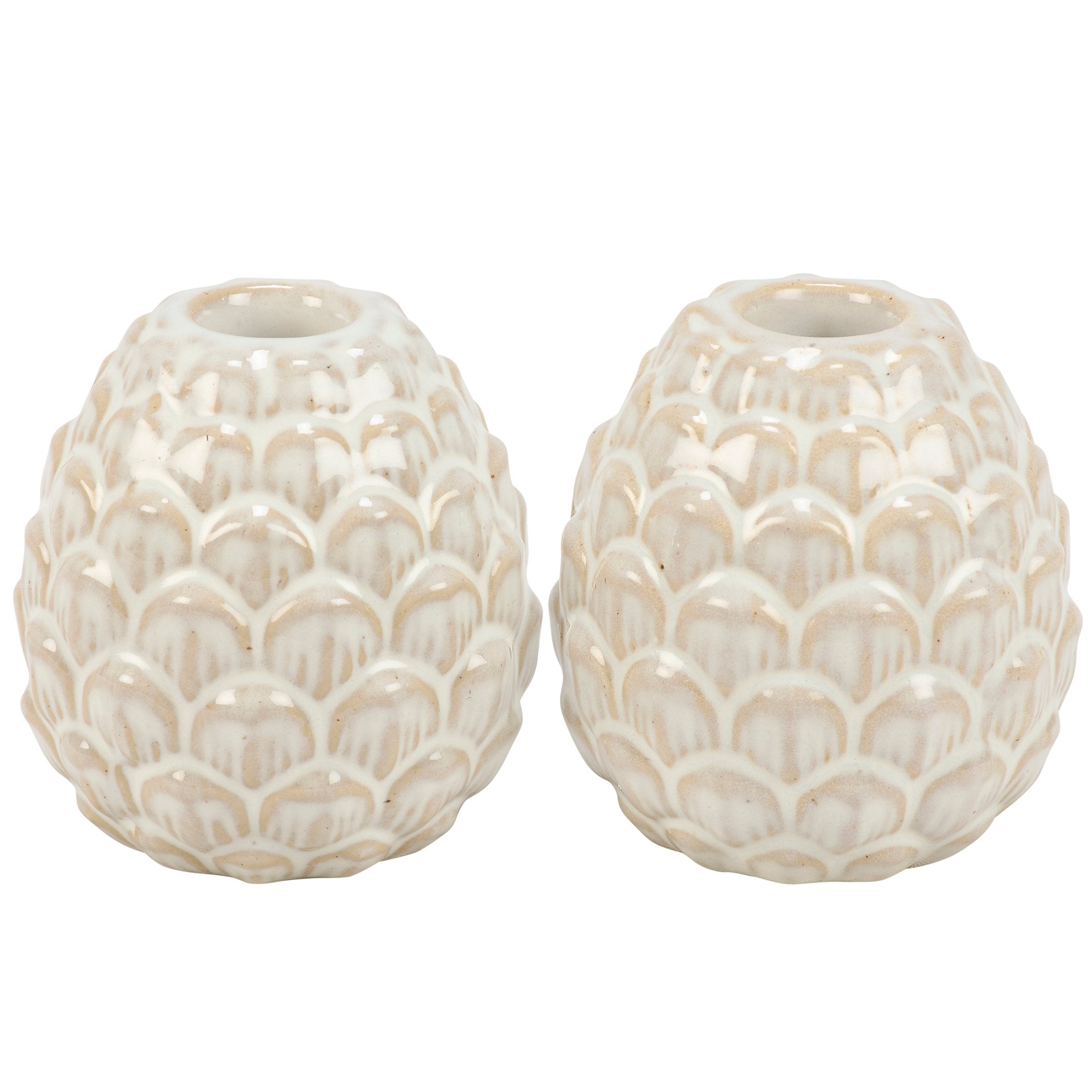 Charming Rustic Pinecone Taper Candle Holders Set - Cream Glaze Stoneware