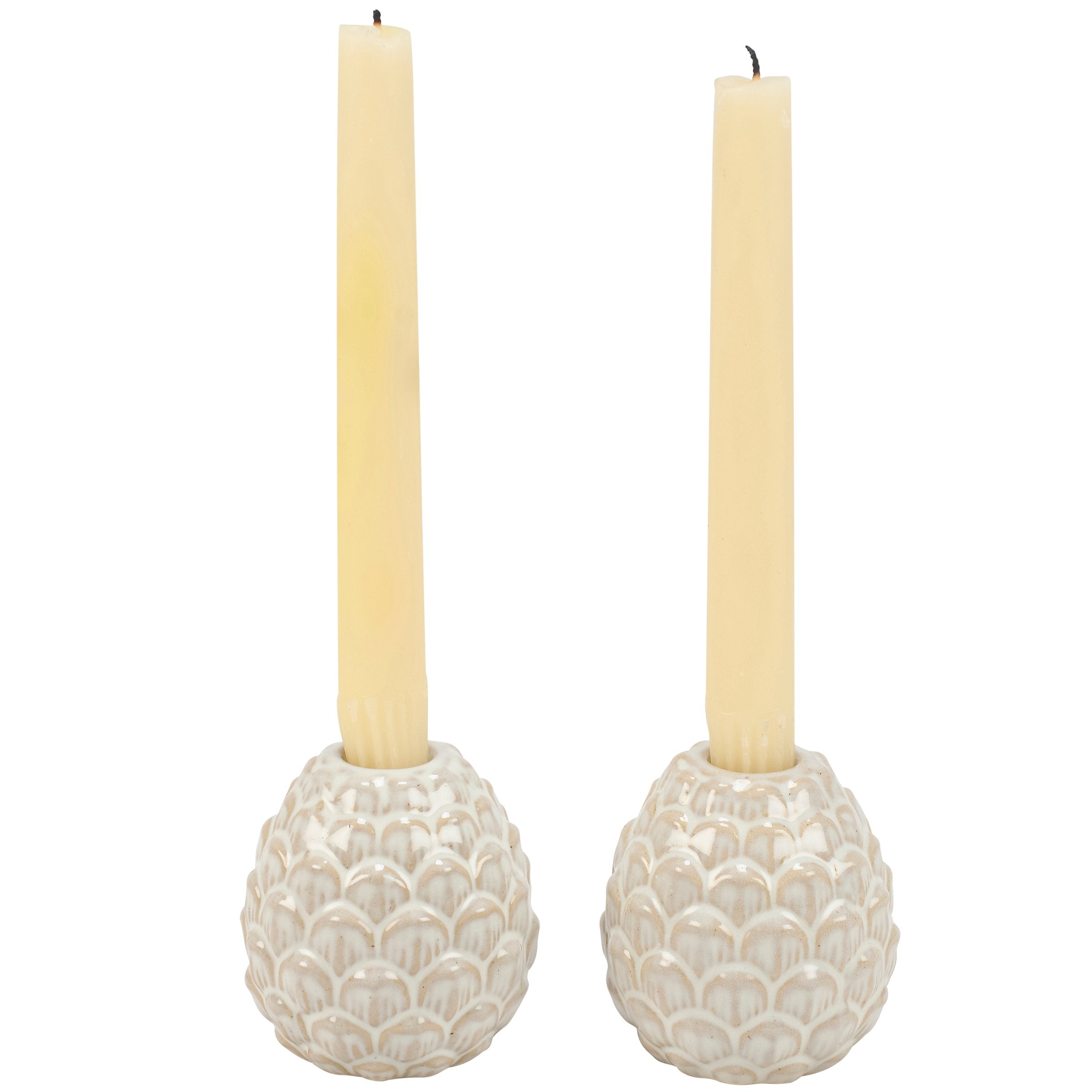 Charming Rustic Pinecone Taper Candle Holders Set - Cream Glaze Stoneware