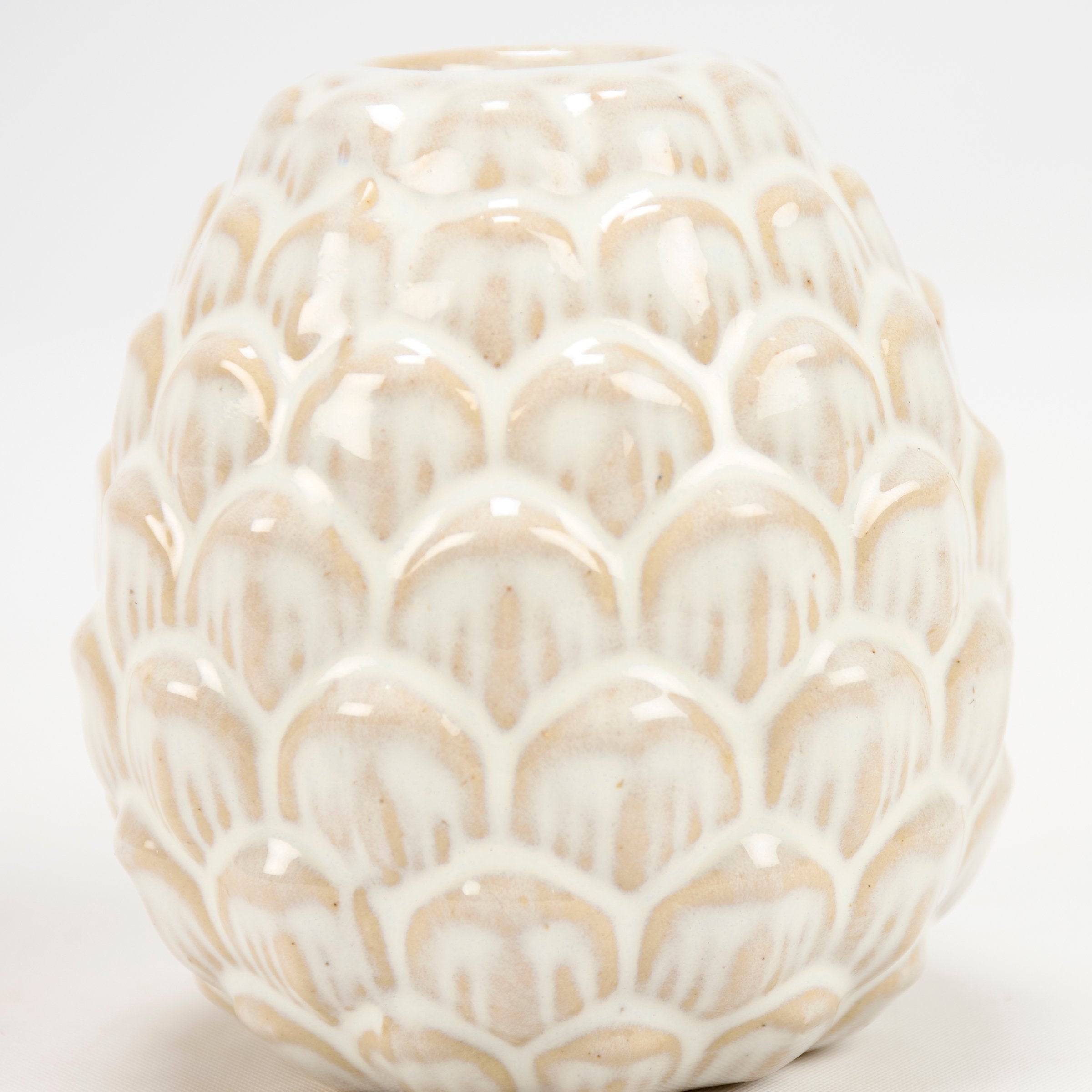 Charming Rustic Pinecone Taper Candle Holders Set - Cream Glaze Stoneware