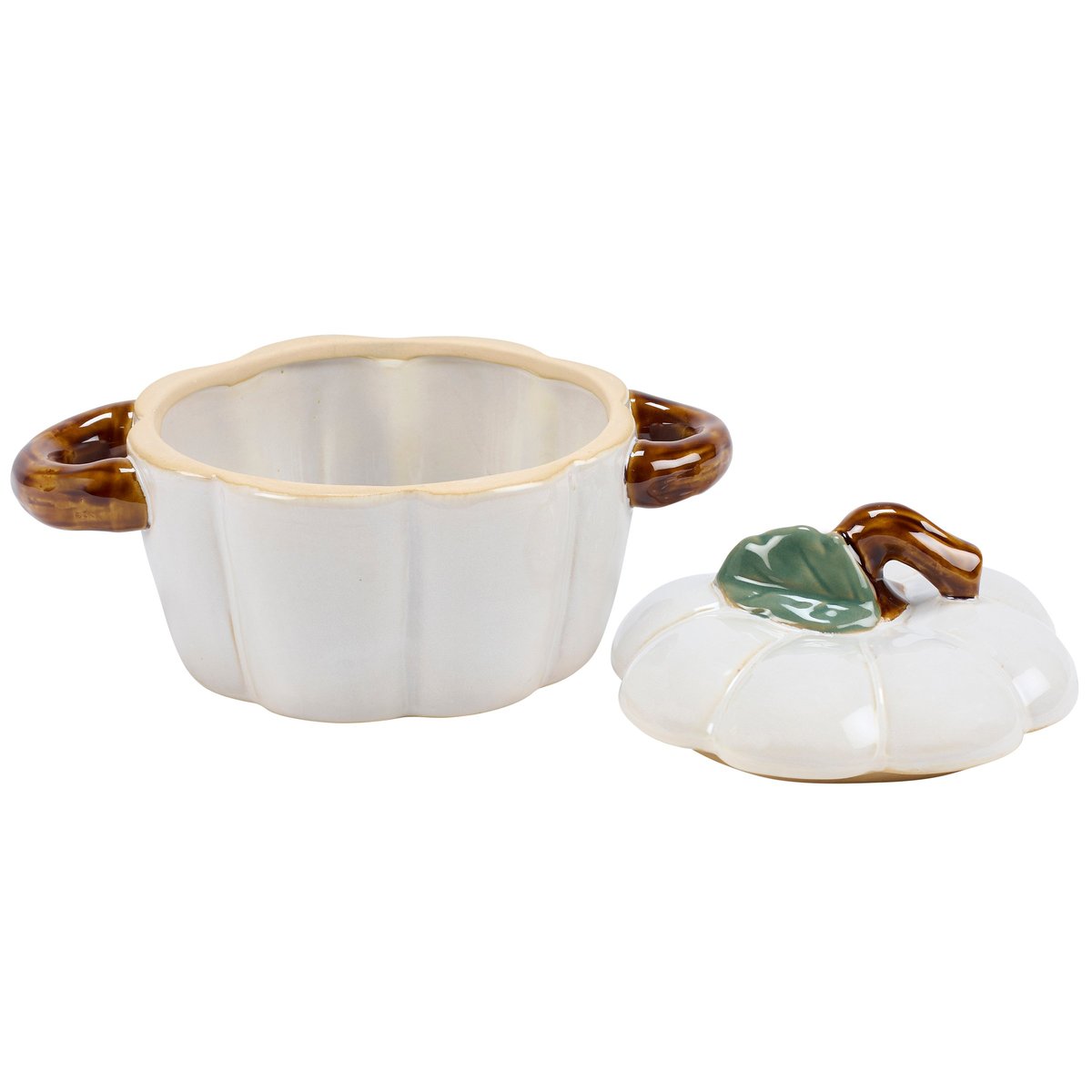 Rustic White Pumpkin Ceramic Treat Jar with Sculpted Details and Lid