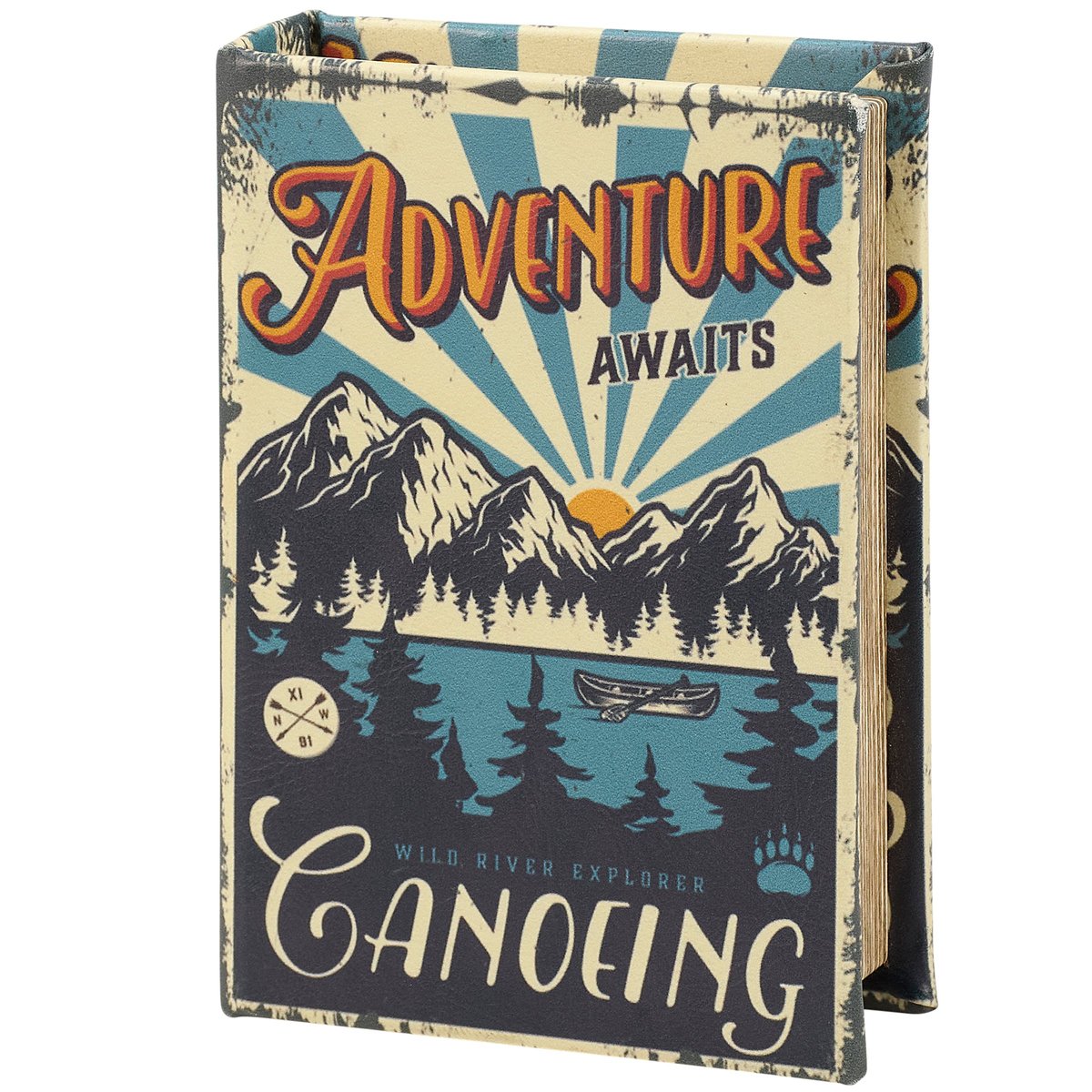 Decorative Faux Leather Book Box: Adventure Awaits Canoeing Wild River Explorer