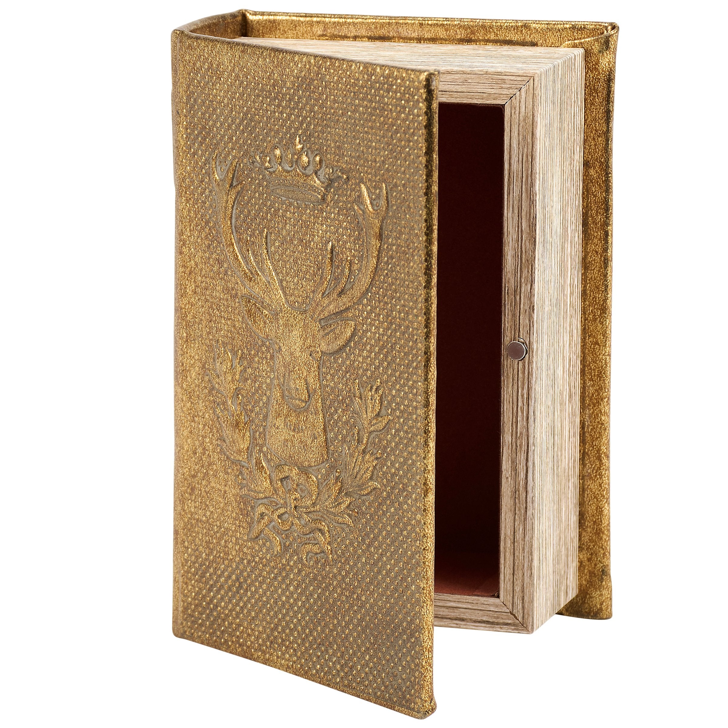 Elegant Gold Embossed Deer Faux Leather Book Box - Rustic Cabin Decor Keepsake Storage