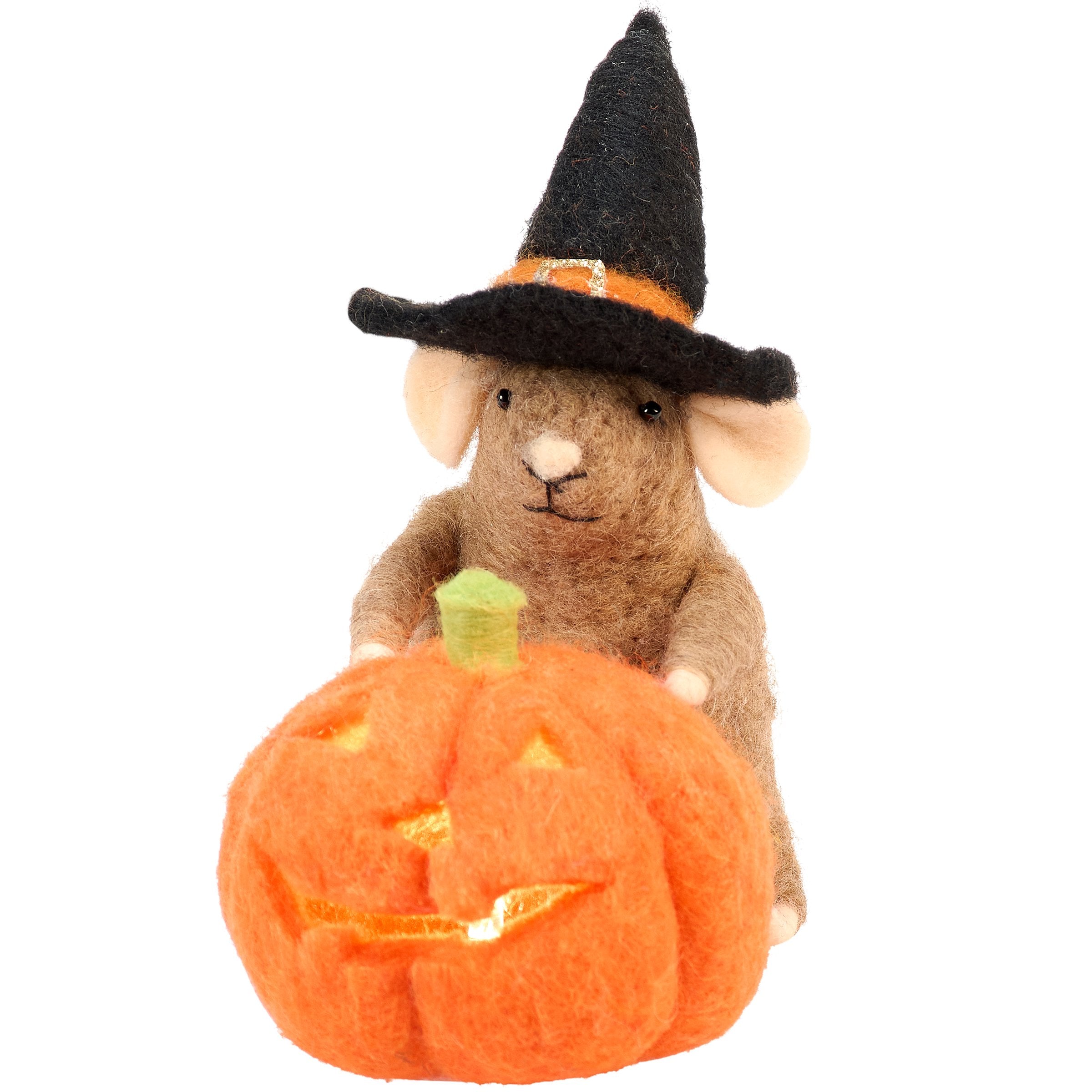 Charming Lighted Halloween Pumpkin Mouse Critter with Witch Hat & Glitter