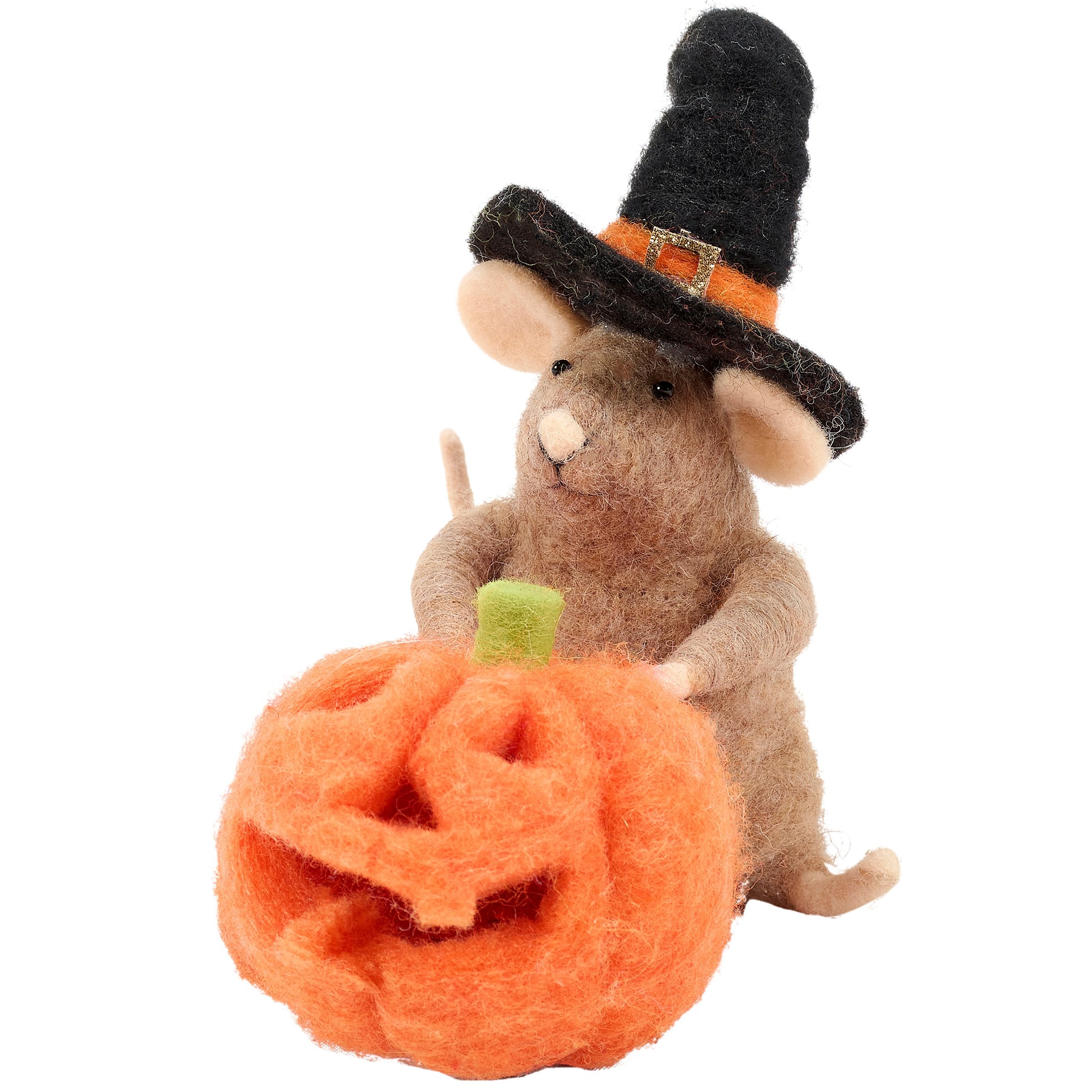 Charming Lighted Halloween Pumpkin Mouse Critter with Witch Hat & Glitter
