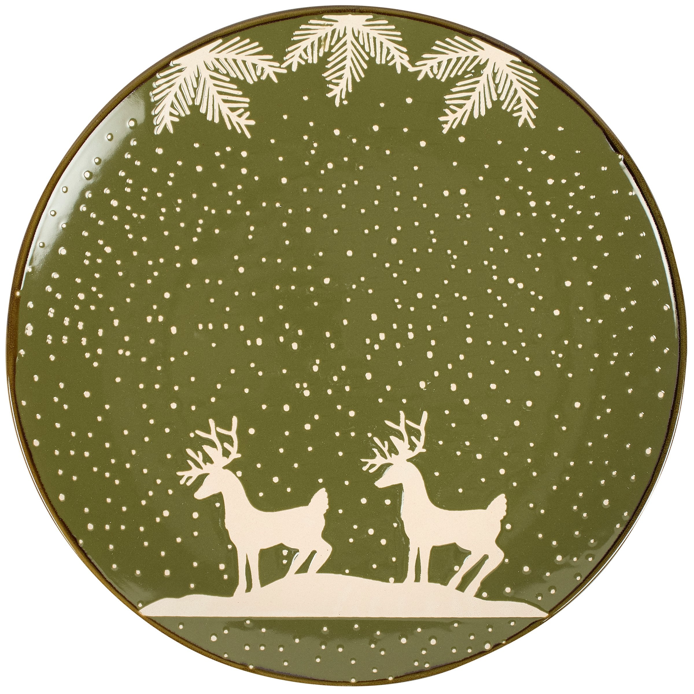 Rustic Green Glaze White Deer Christmas Ceramic Plate - 10.75-inch Holiday Dinnerware