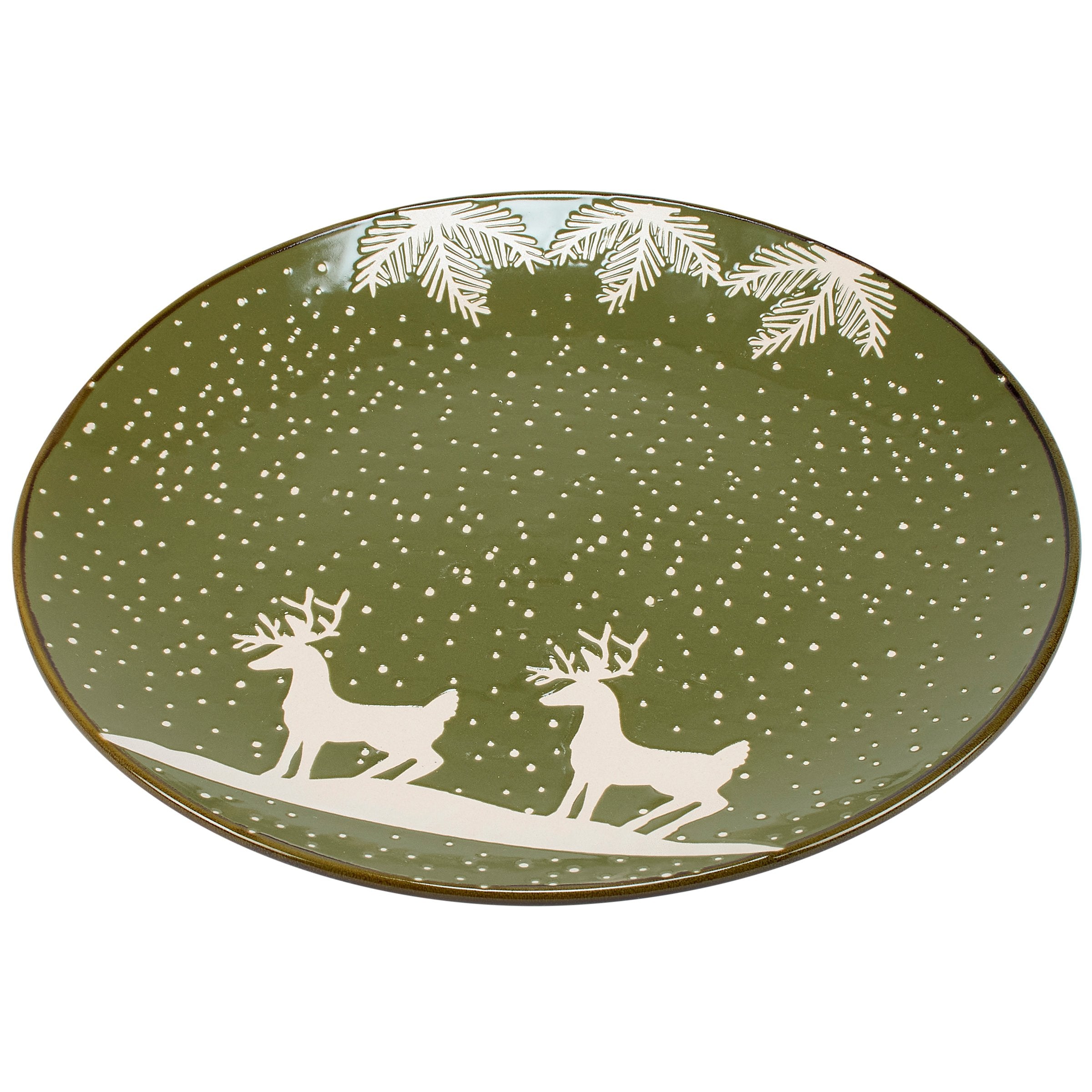 Rustic Green Glaze White Deer Christmas Ceramic Plate - 10.75-inch Holiday Dinnerware