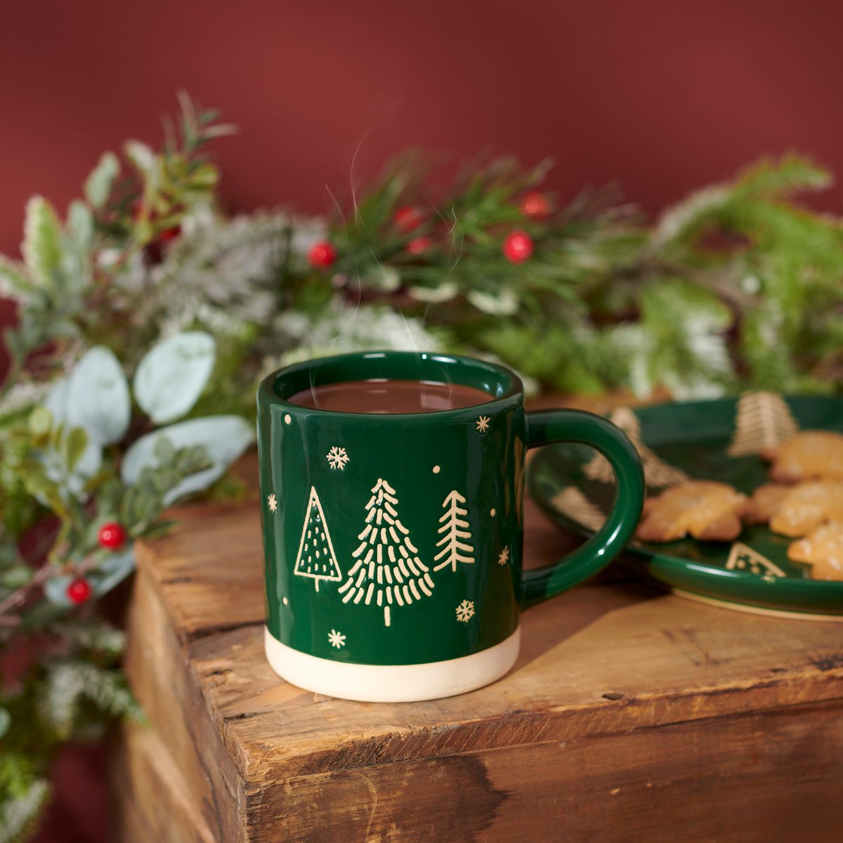 Rustic Stoneware Natural Green Christmas Tree Snowflake Mug, 16oz, Winter Holiday Decor