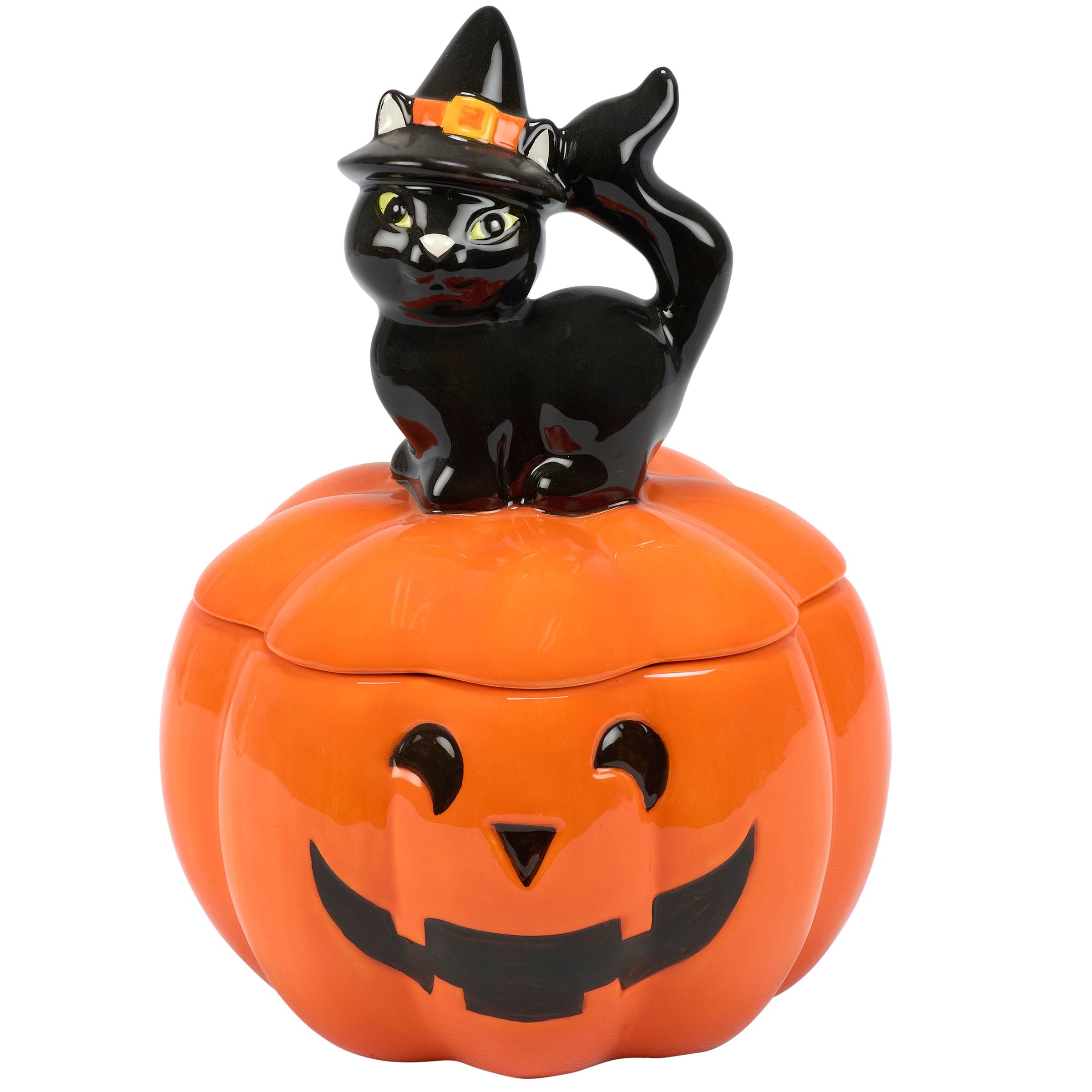 Spooky Black Cat Jack O'Lantern Ceramic Halloween Treat Jar with Lid