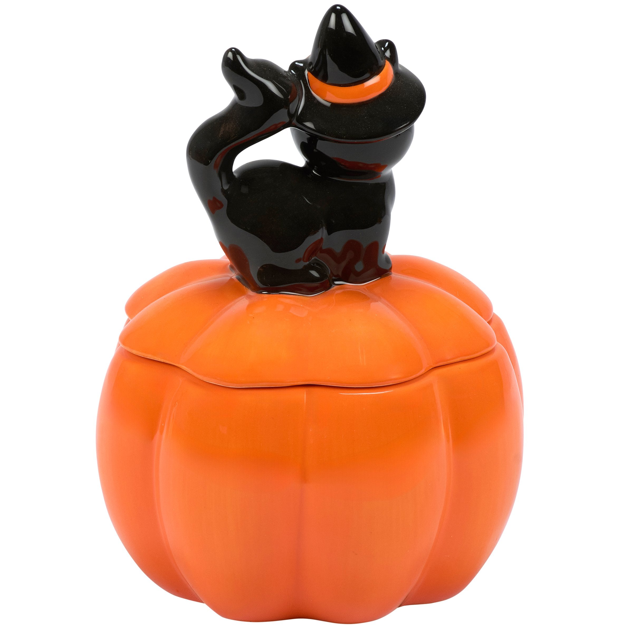 Spooky Black Cat Jack O'Lantern Ceramic Halloween Treat Jar with Lid