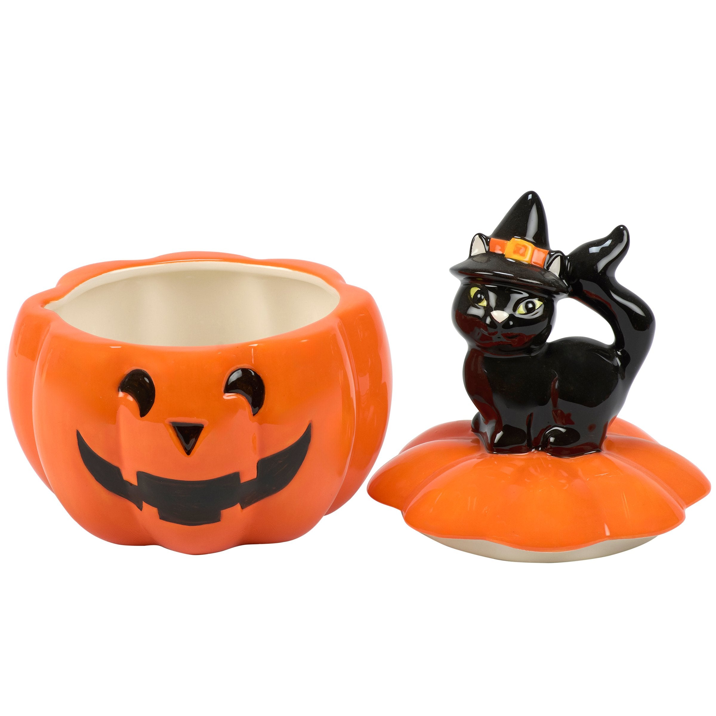 Spooky Black Cat Jack O'Lantern Ceramic Halloween Treat Jar with Lid