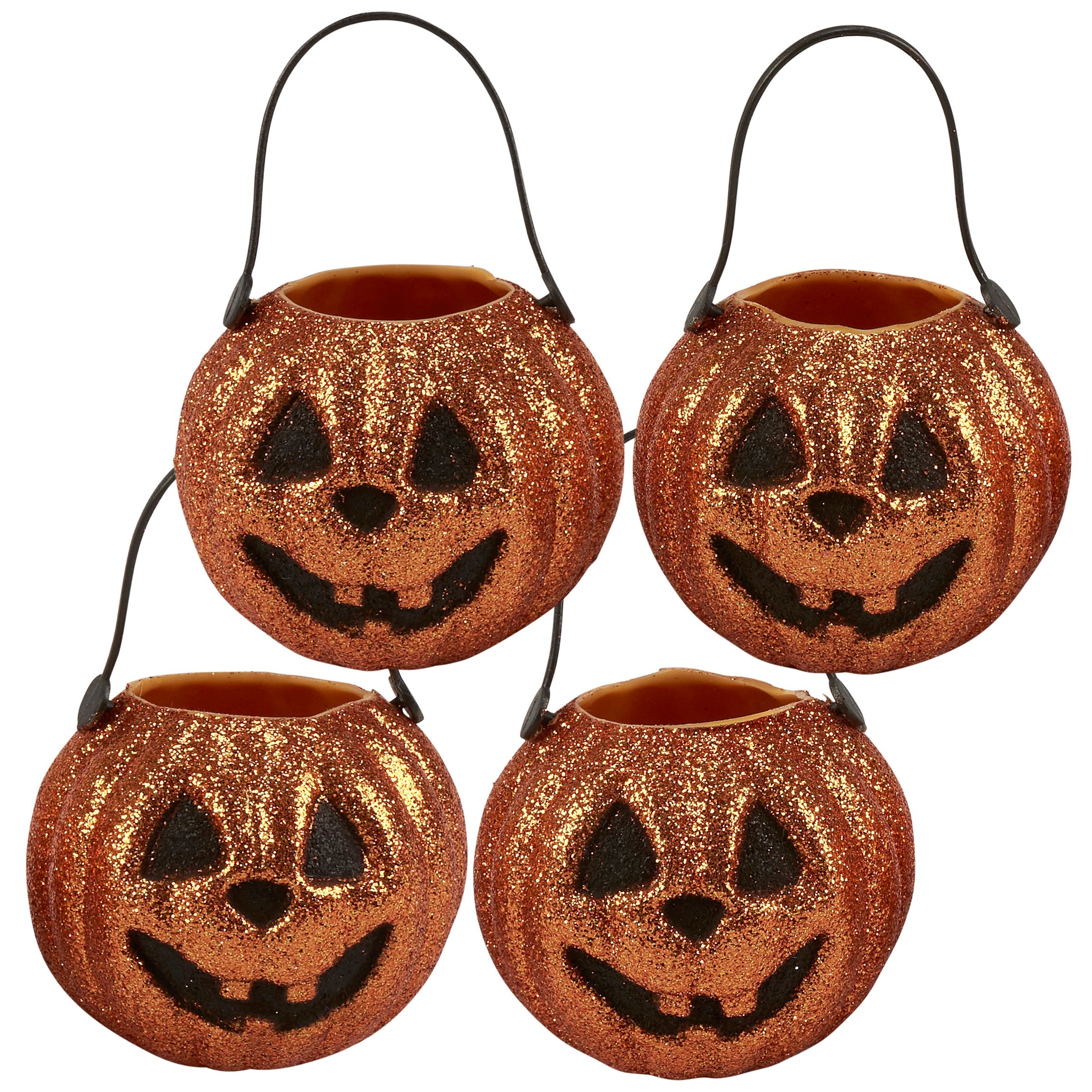 Sparkling Jack O'Lantern Pumpkin Set, Glitter Halloween Decorations, 4-Piece Retro Accents