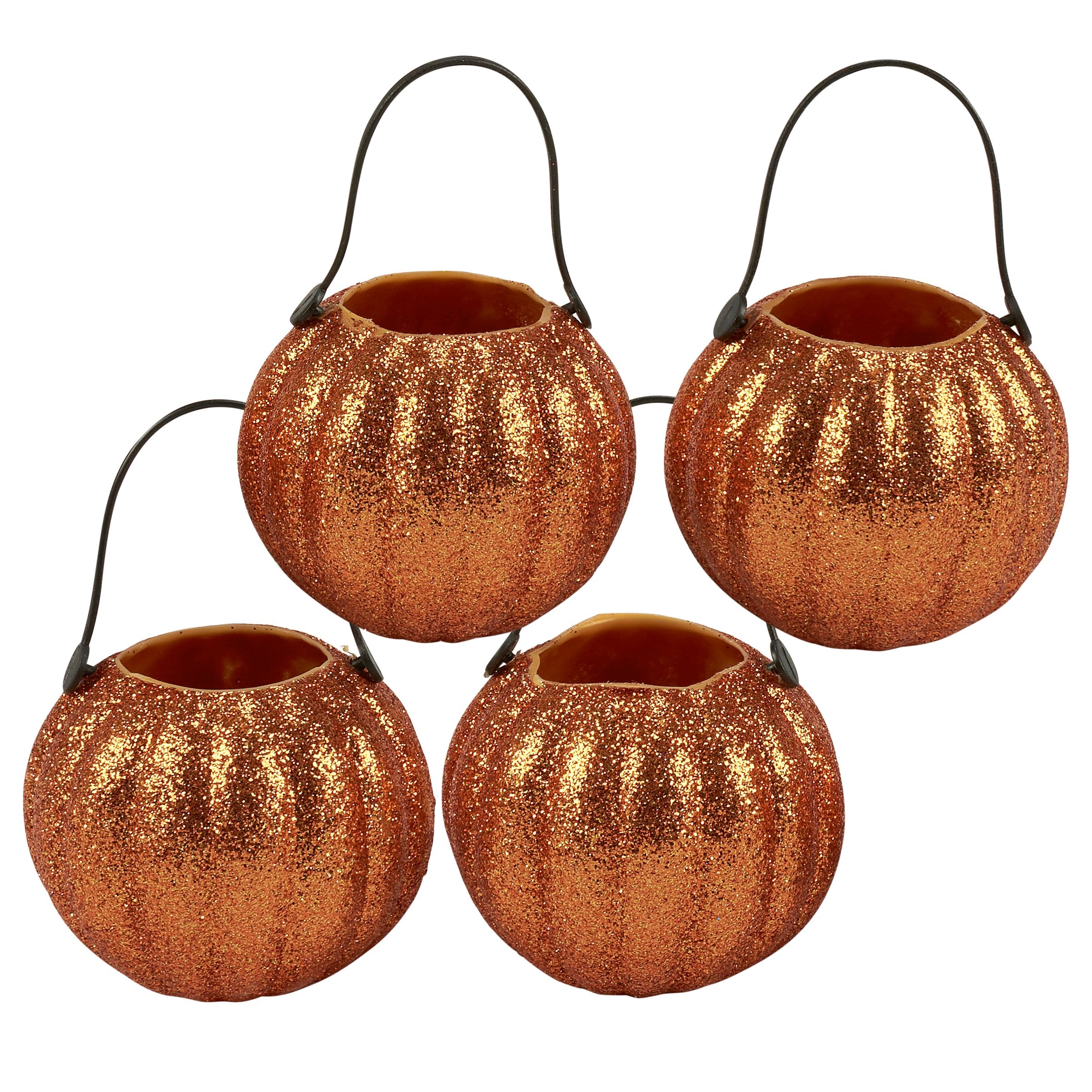 Sparkling Jack O'Lantern Pumpkin Set, Glitter Halloween Decorations, 4-Piece Retro Accents