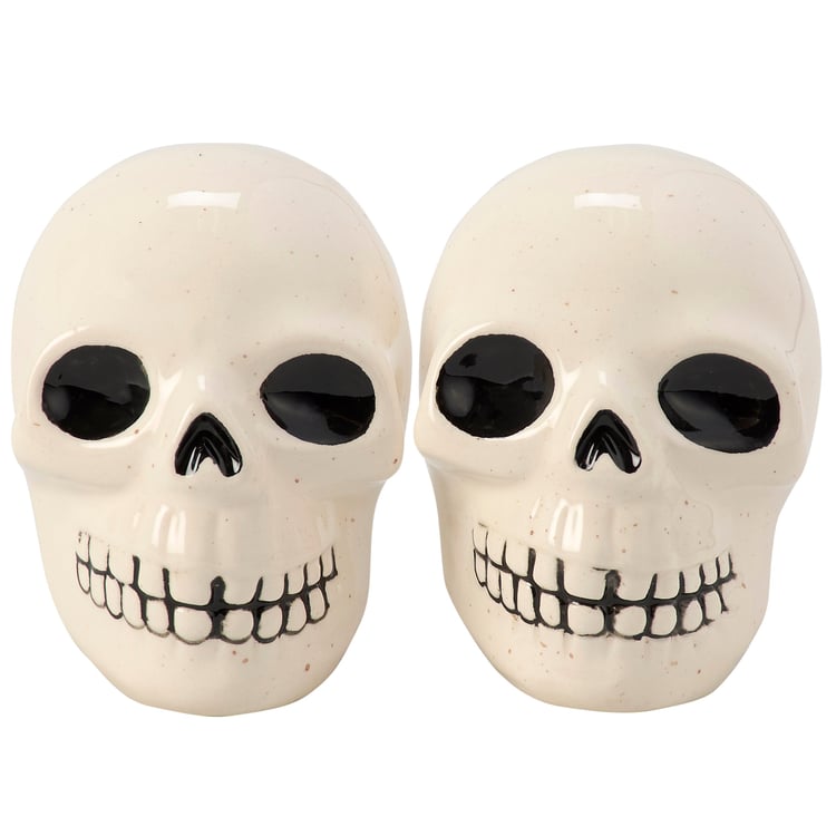 Spooky Skull Salt & Pepper Shaker Set - Cream Glaze Ceramic Halloween Decor