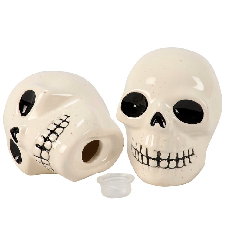 Spooky Skull Salt & Pepper Shaker Set - Cream Glaze Ceramic Halloween Decor