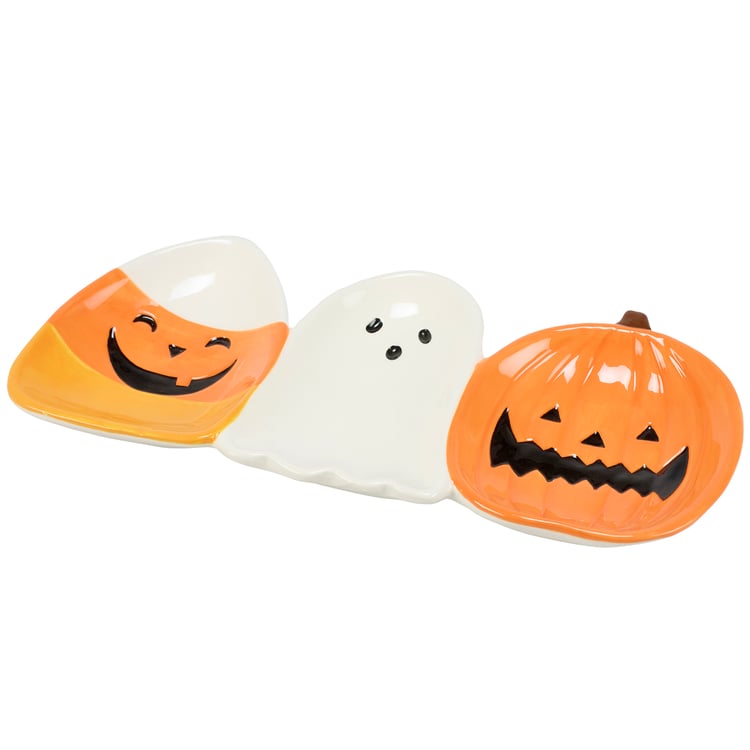 Spooky Fun Halloween Tidbit Tray: Candy Corn, Ghost, Jack-O'-Lantern Serving Platter
