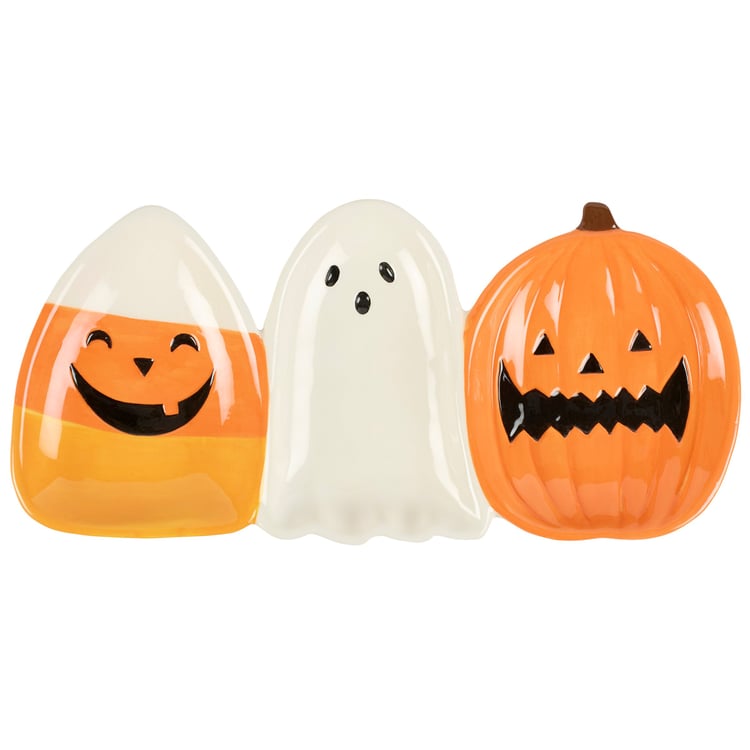 Spooky Fun Halloween Tidbit Tray: Candy Corn, Ghost, Jack-O'-Lantern Serving Platter