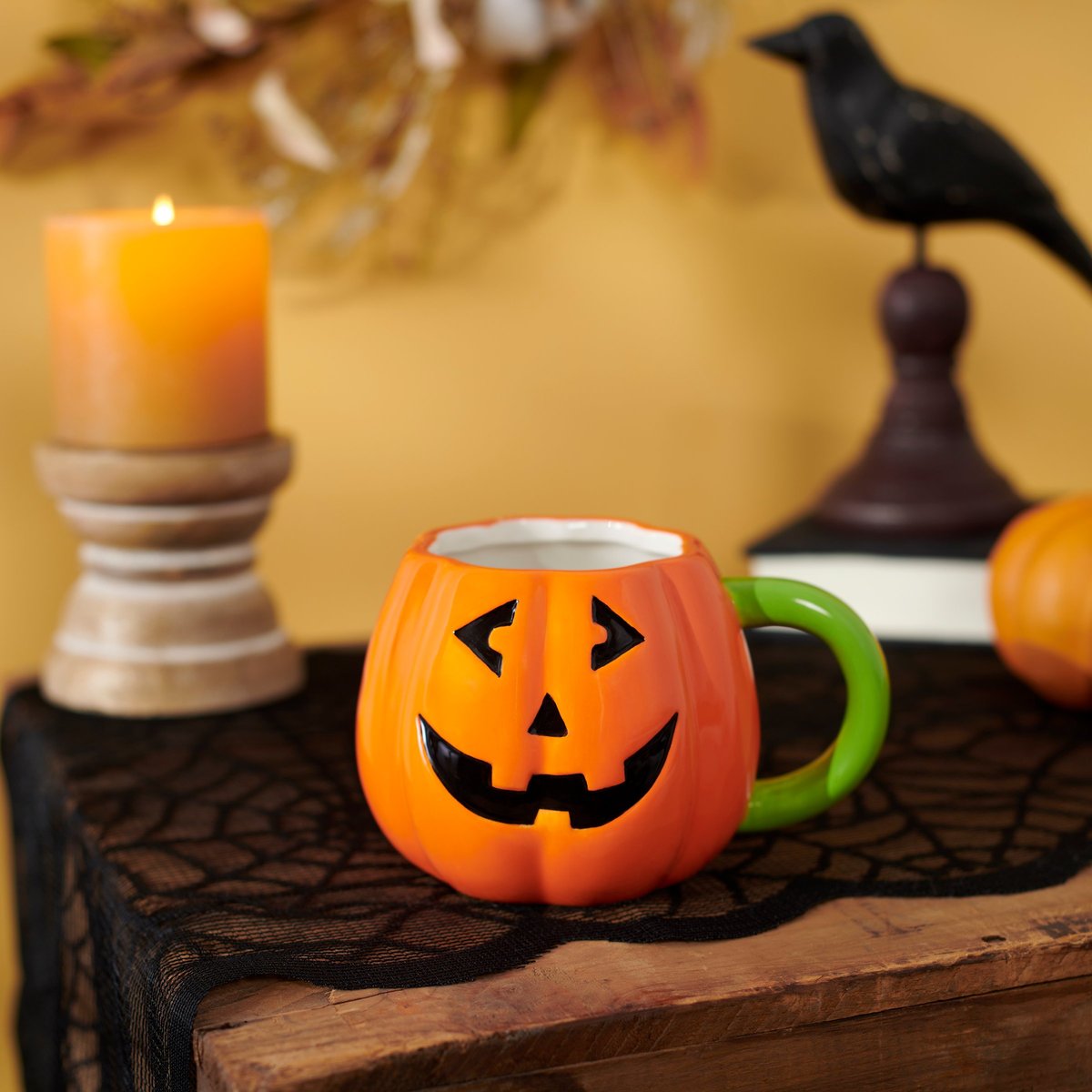 Fun Sculpted Ceramic Jack O'Lantern Halloween Mug with Stem Handle 16 oz
