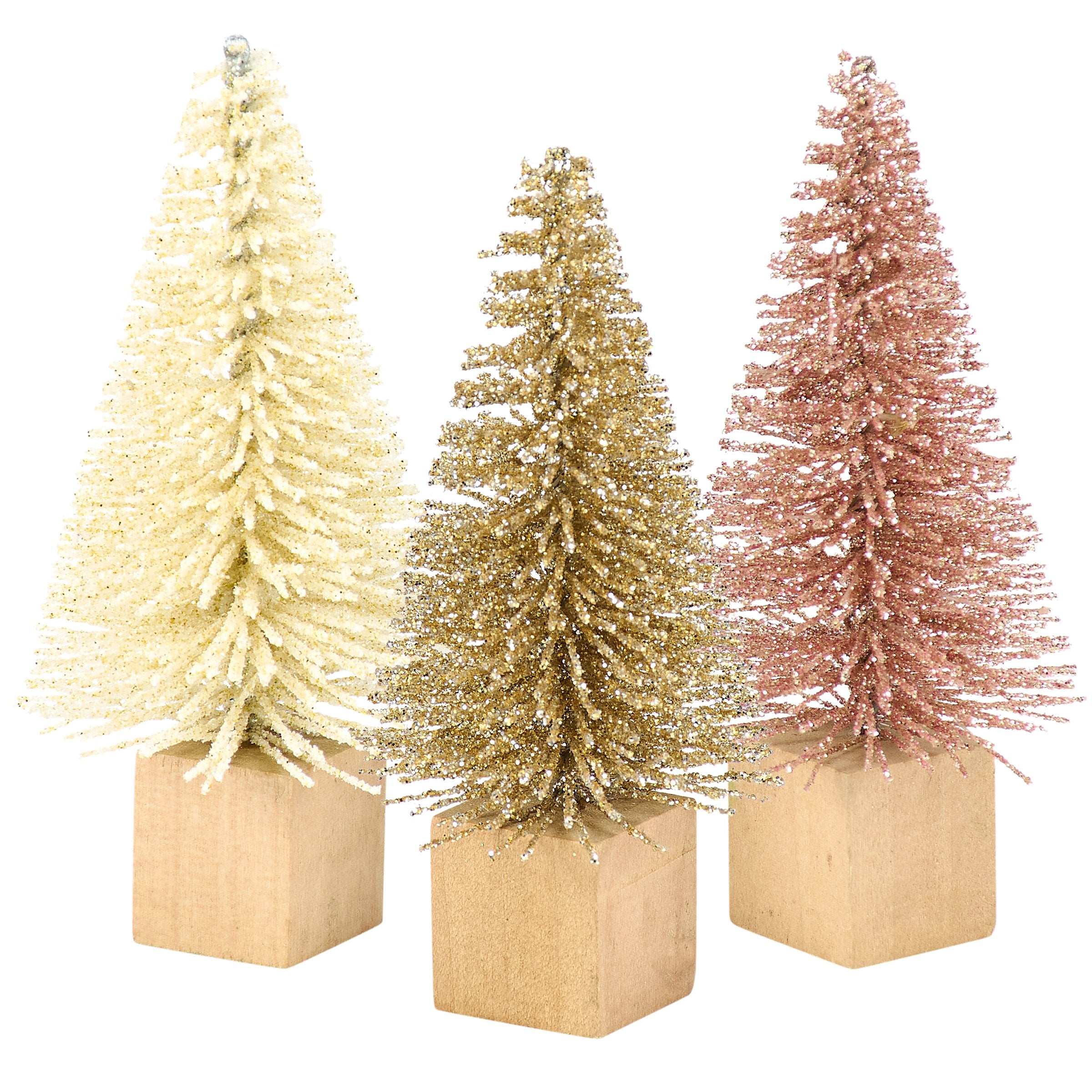 Charming Blush Mini Bottle Brush Tree Set - Glittery Decorative Holiday Accents (12-Pack)