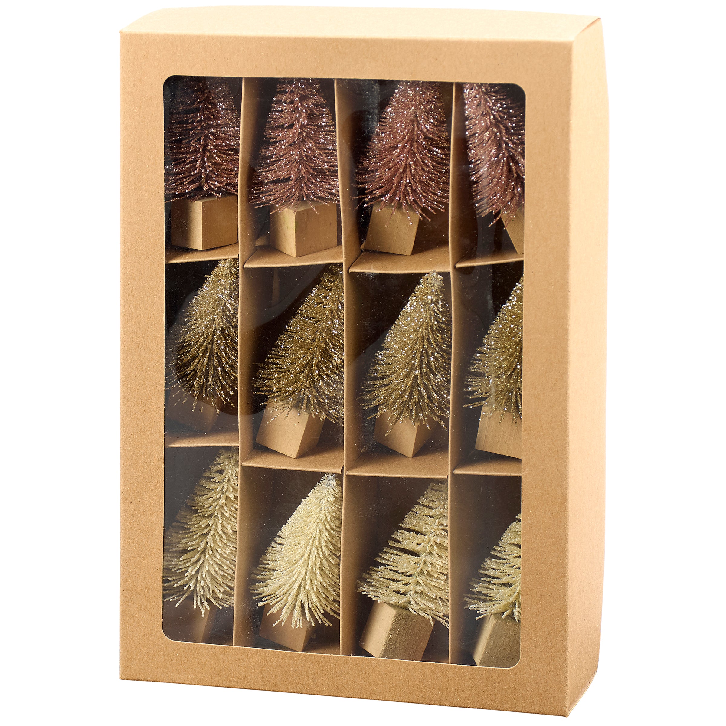 Charming Blush Mini Bottle Brush Tree Set - Glittery Decorative Holiday Accents (12-Pack)