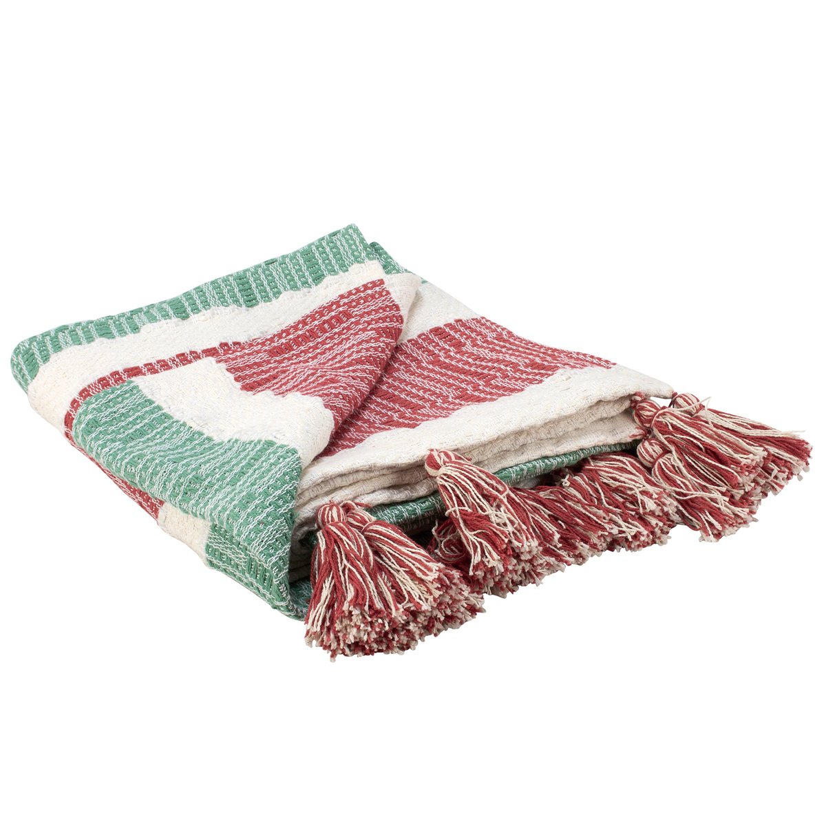 Cozy Red Green Stripe Cotton Holiday Throw Blanket with Tassels for Festive Decor