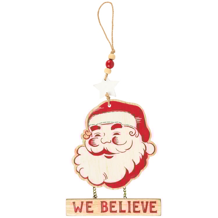 Retro Santa 'We Believe' Wooden Hanging Decor with Star and Jute Loop