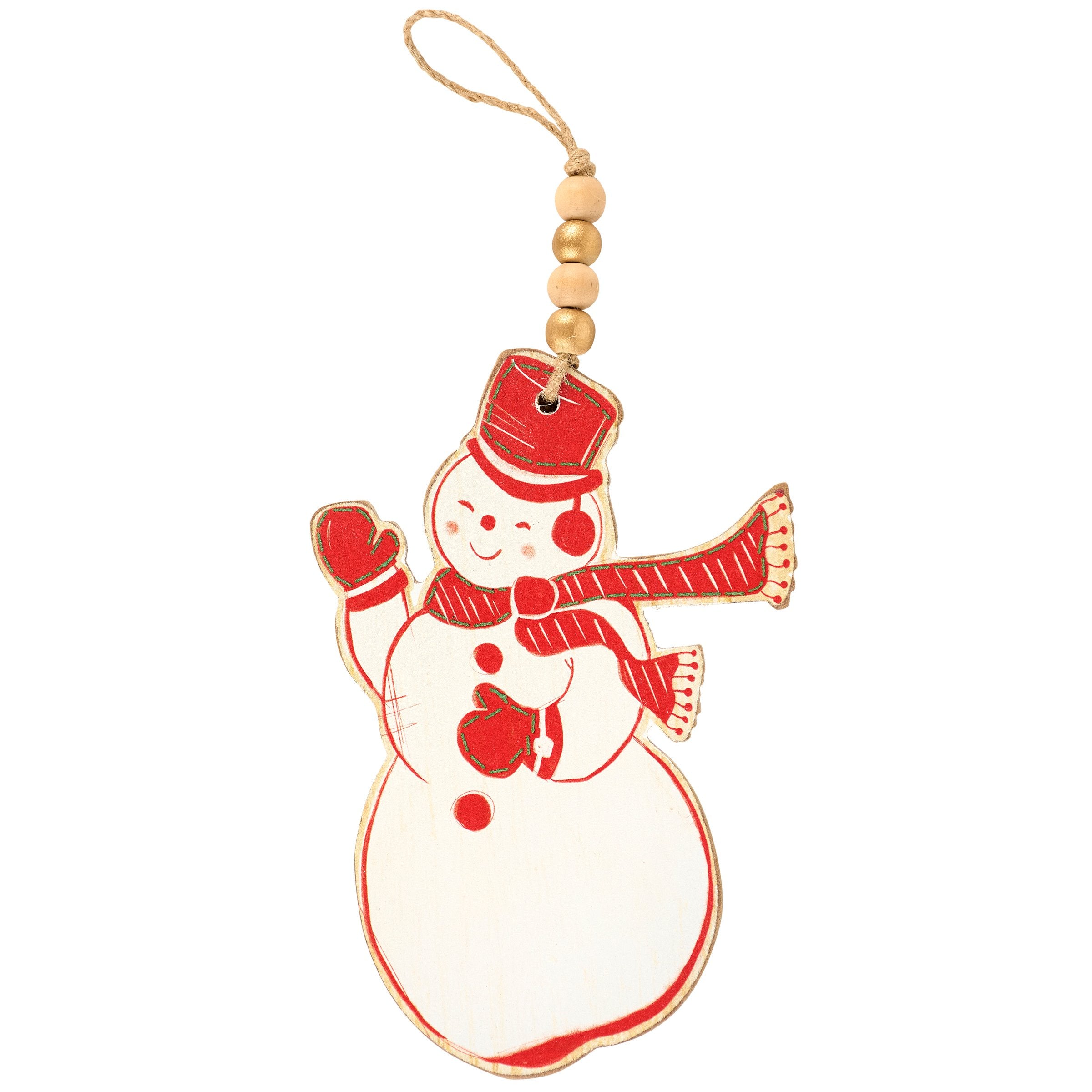Charming Retro Snowman Wooden Hanging Decor with Jute and Gold Beads