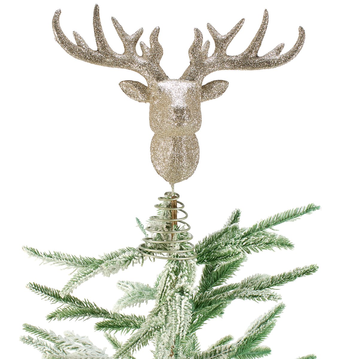 Sparkling Reindeer Head Christmas Tree Topper - Gold Glitter Rustic Festive Decor
