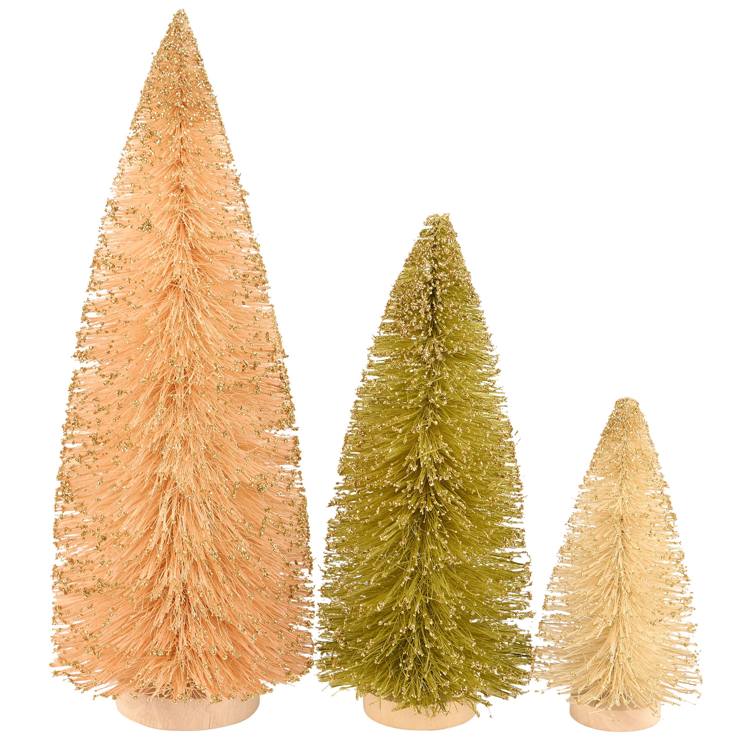 Charming Natural Glitter Bottle Brush Christmas Trees Set with Wood Bases