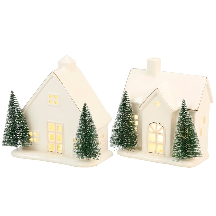 Enchanting Lighted Stoneware Winter Houses Figurine Set - Festive Home Decor