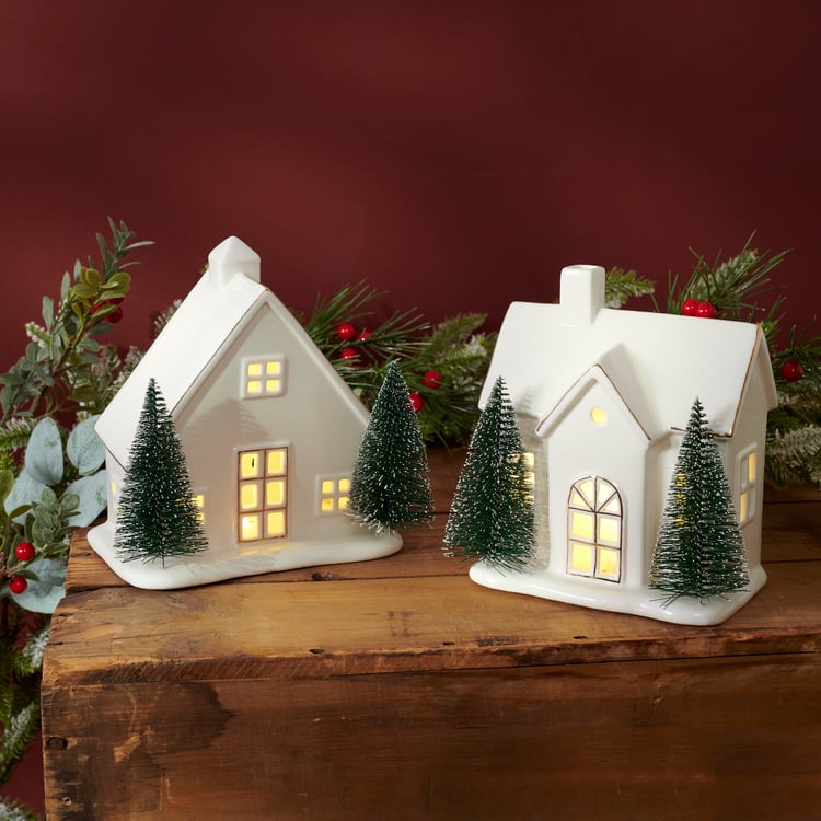 Enchanting Lighted Stoneware Winter Houses Figurine Set - Festive Home Decor