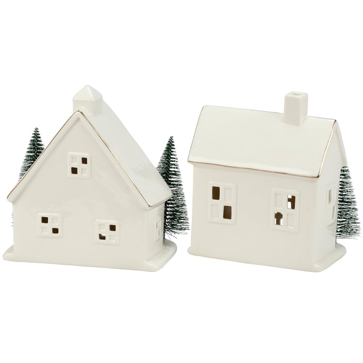 Enchanting Lighted Stoneware Winter Houses Figurine Set - Festive Home Decor