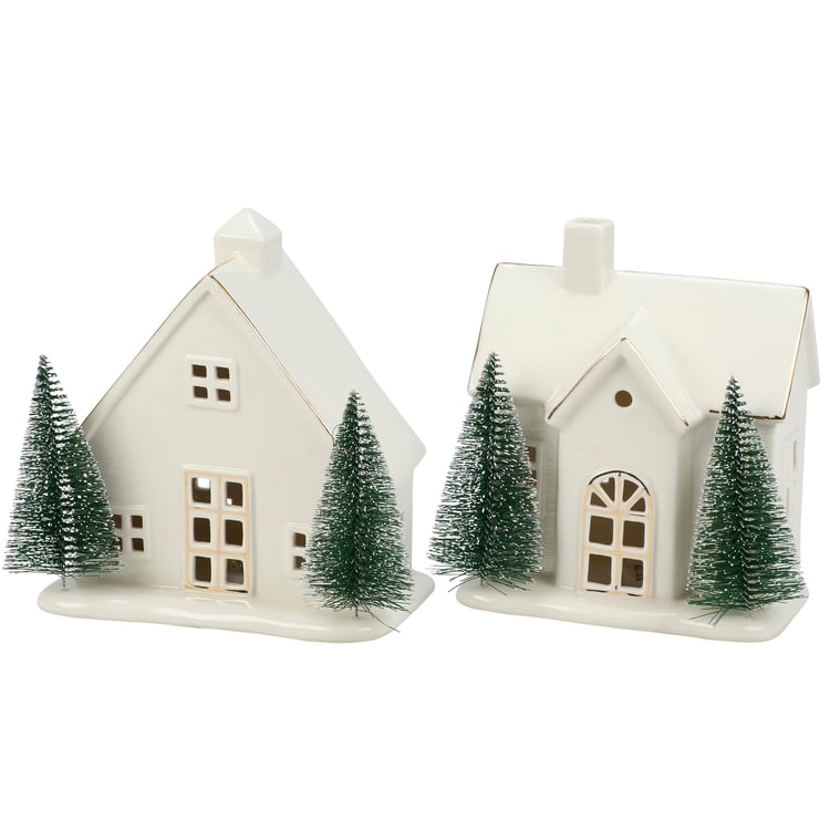 Enchanting Lighted Stoneware Winter Houses Figurine Set - Festive Home Decor