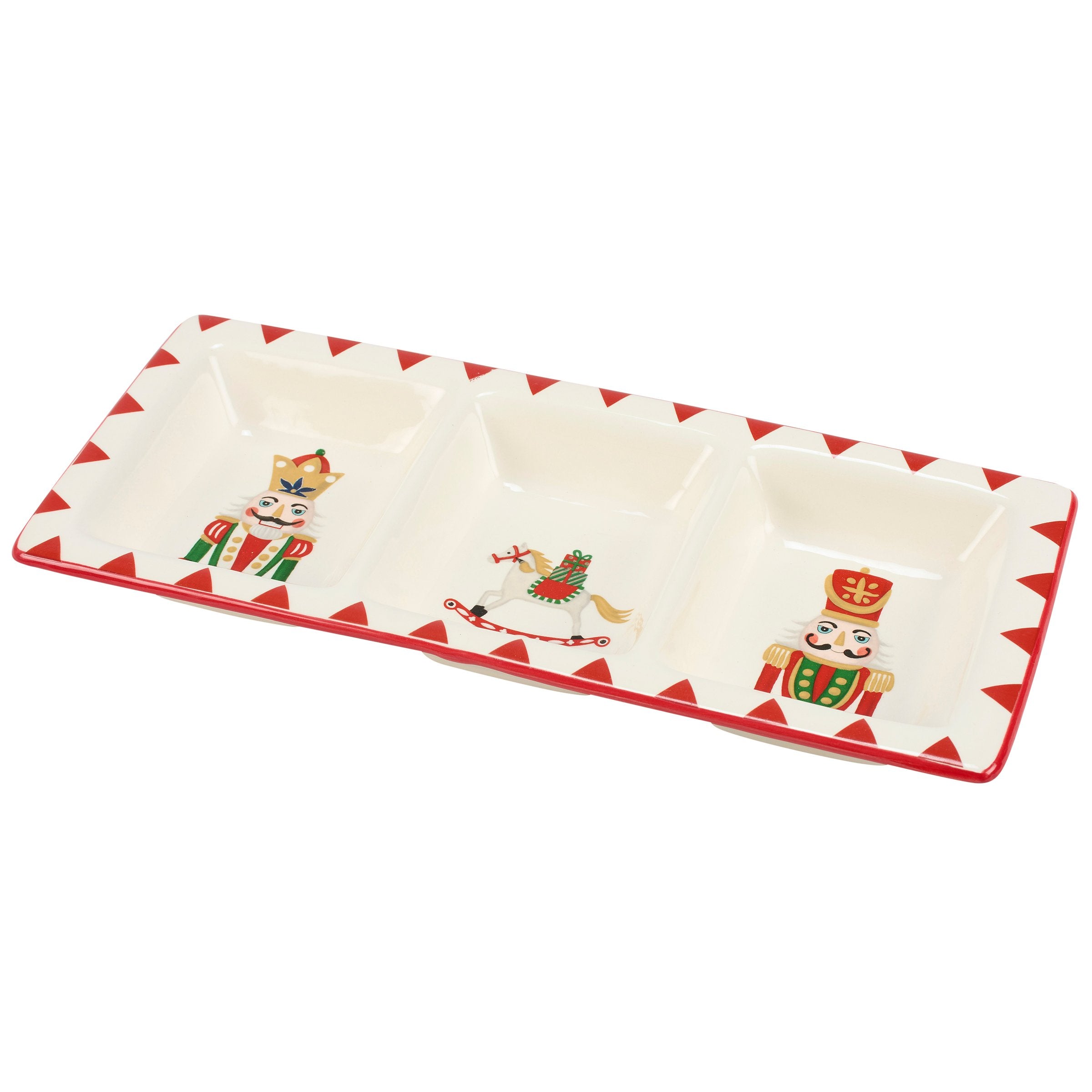 Festive Nutcracker Christmas Stoneware Tidbit Tray with Three Sections
