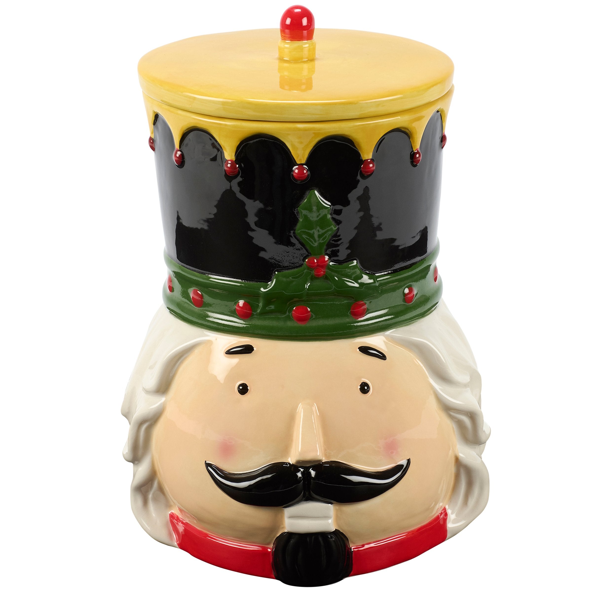 Charming Christmas Nutcracker Ceramic Cookie Jar with Sculpted Details & Hat Lid