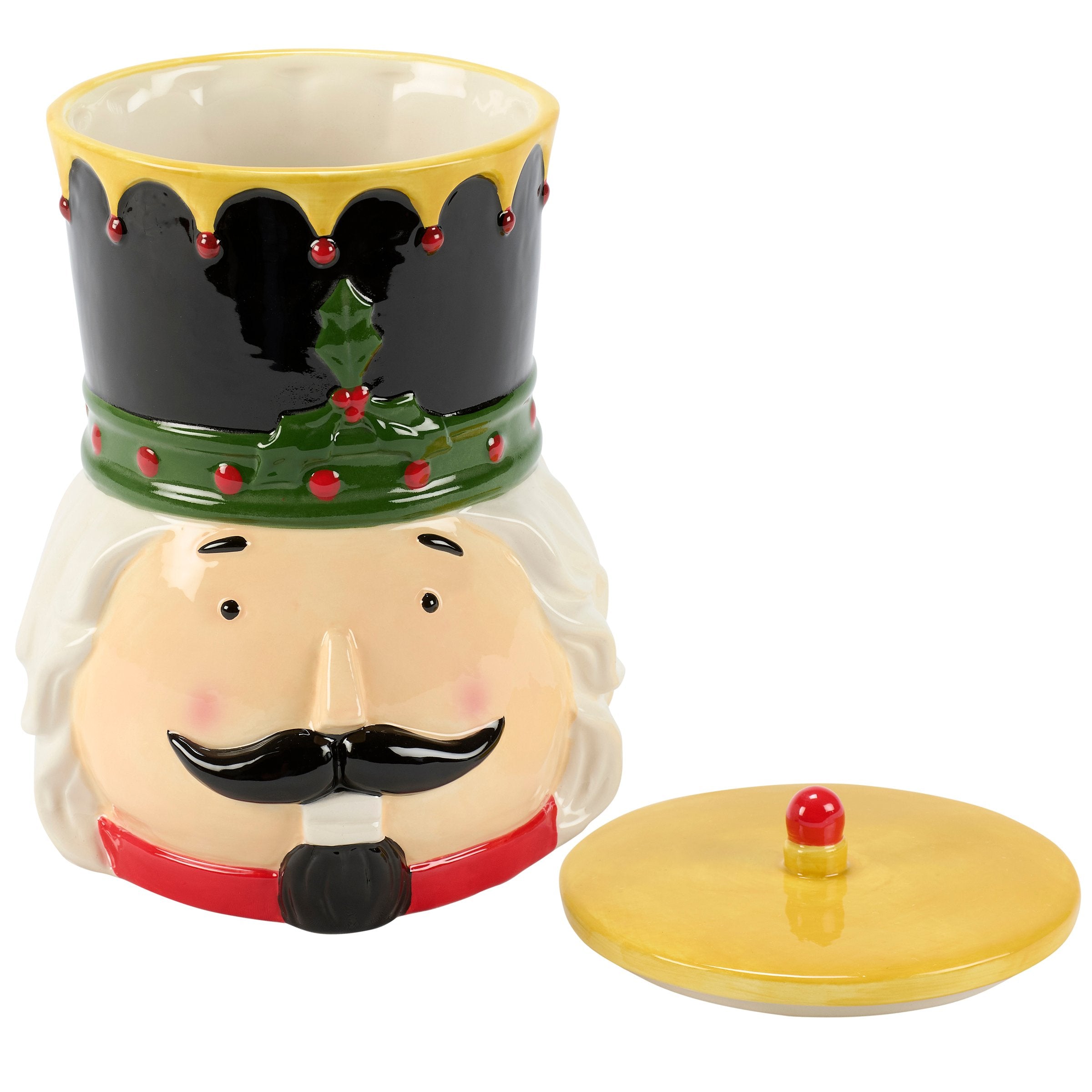 Charming Christmas Nutcracker Ceramic Cookie Jar with Sculpted Details & Hat Lid