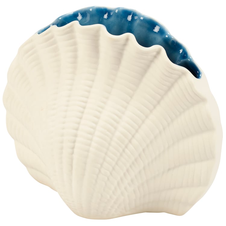 Coastal Porcelain Seashell Vase - Elegant Cream & Blue Beach Decor Accent