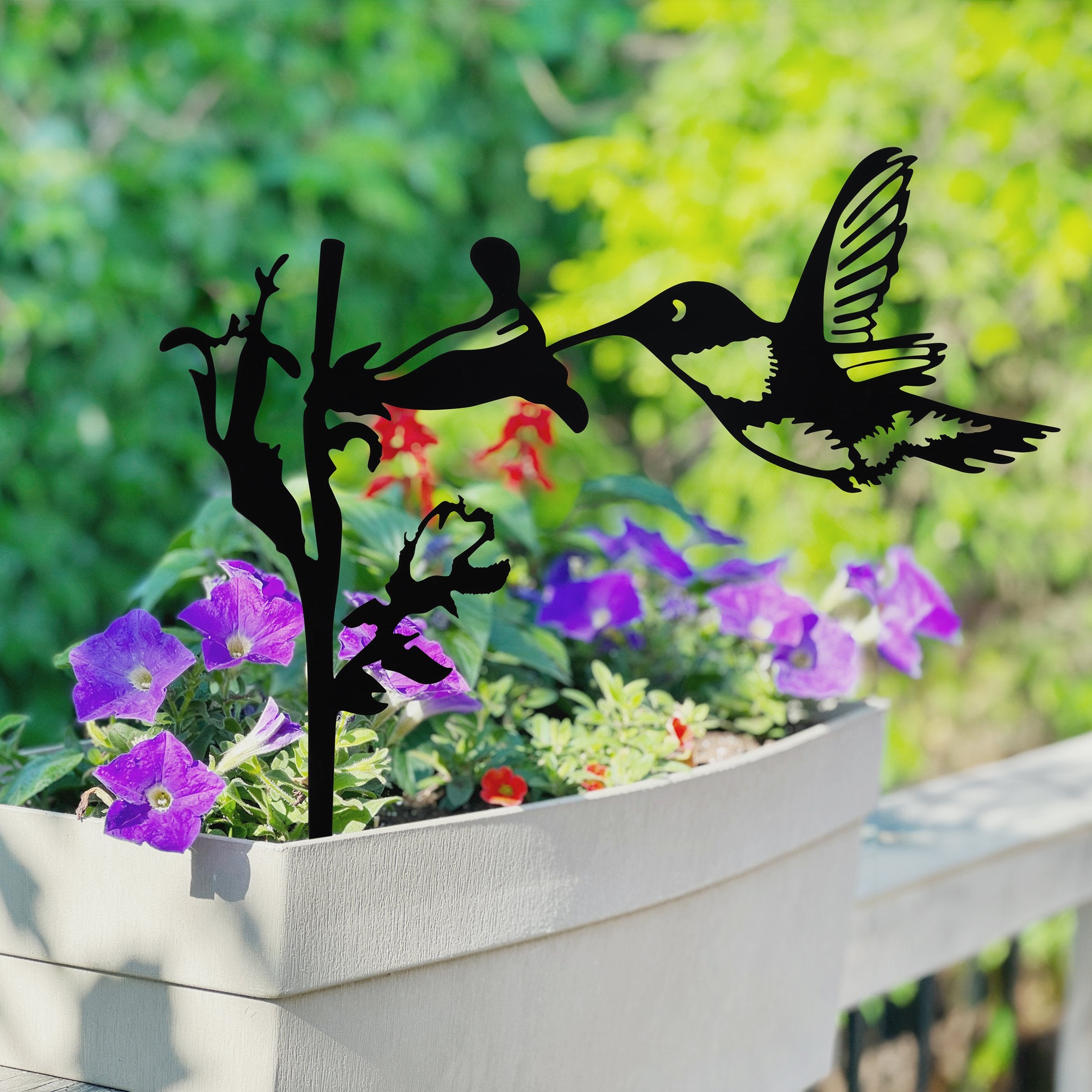 Elegant Hummingbird & Floral Metal Outdoor Garden Art Stake Decor