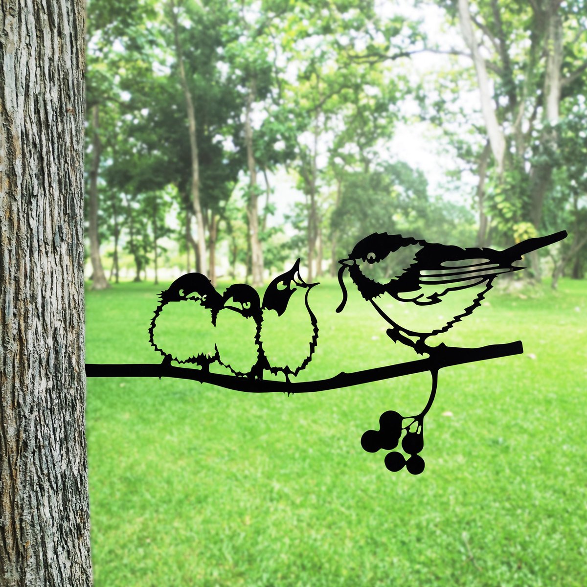 Durable Metal Chickadees Outdoor Art for Garden Tree Post Display