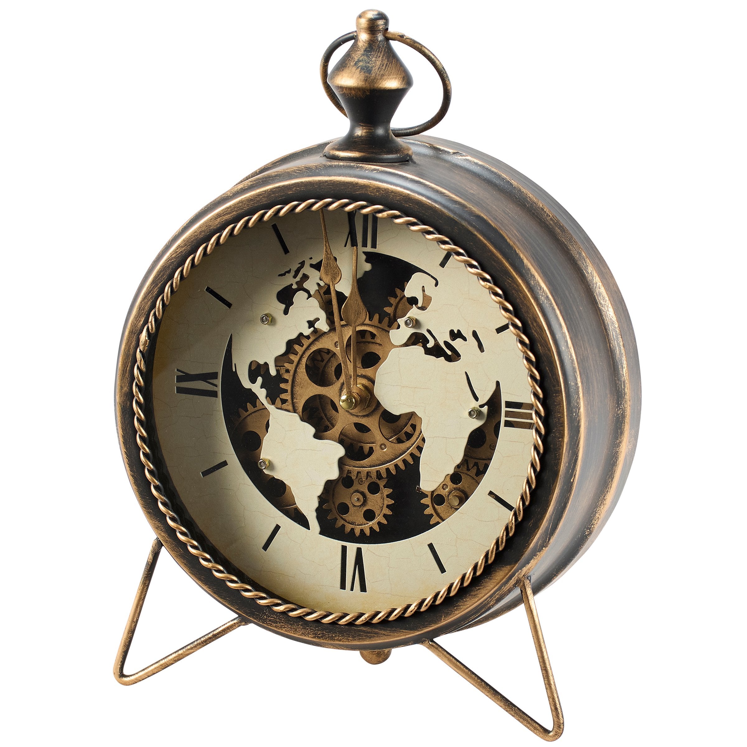 Timeless Vintage Map Tabletop Clock with Exposed Gears and Antique Finish