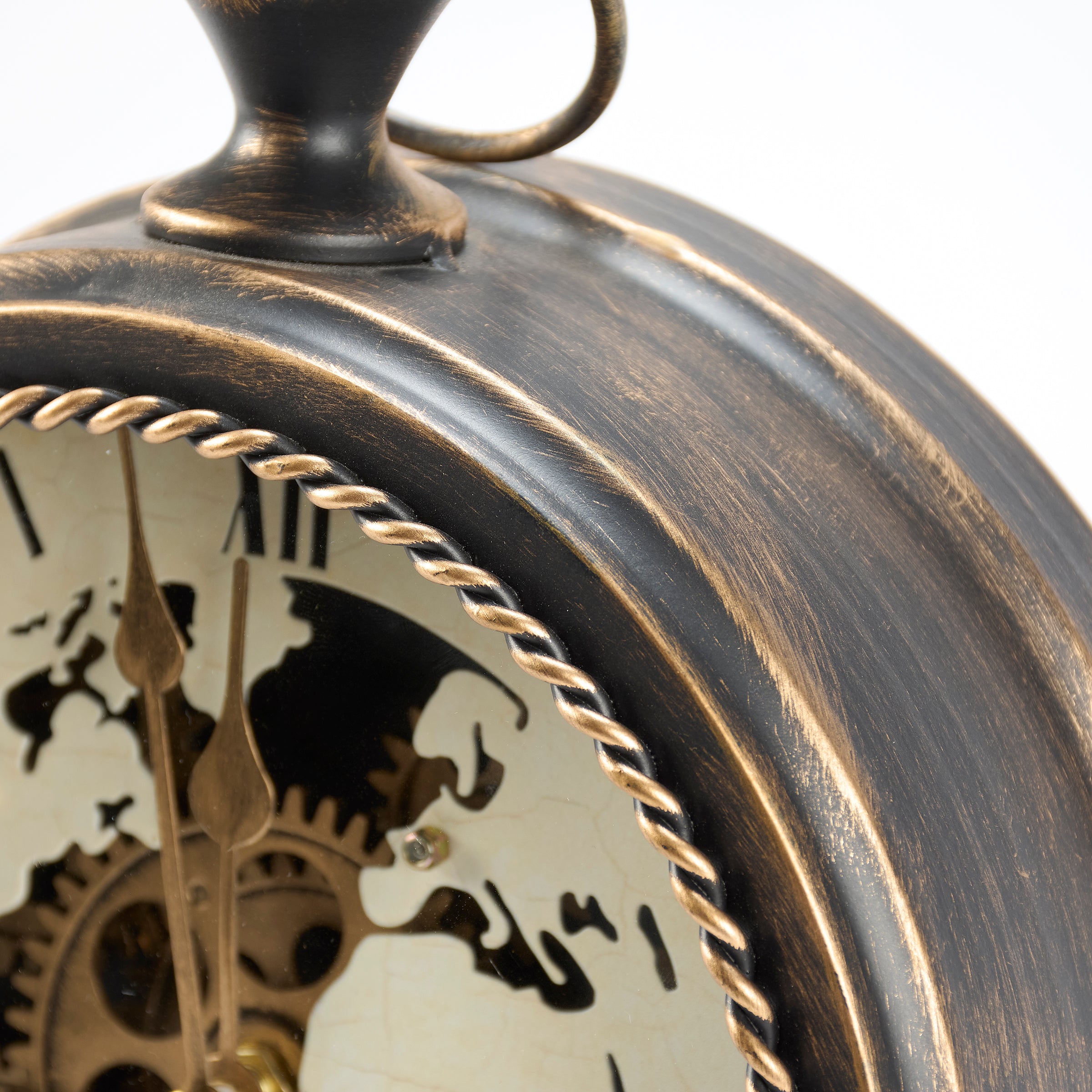 Timeless Vintage Map Tabletop Clock with Exposed Gears and Antique Finish