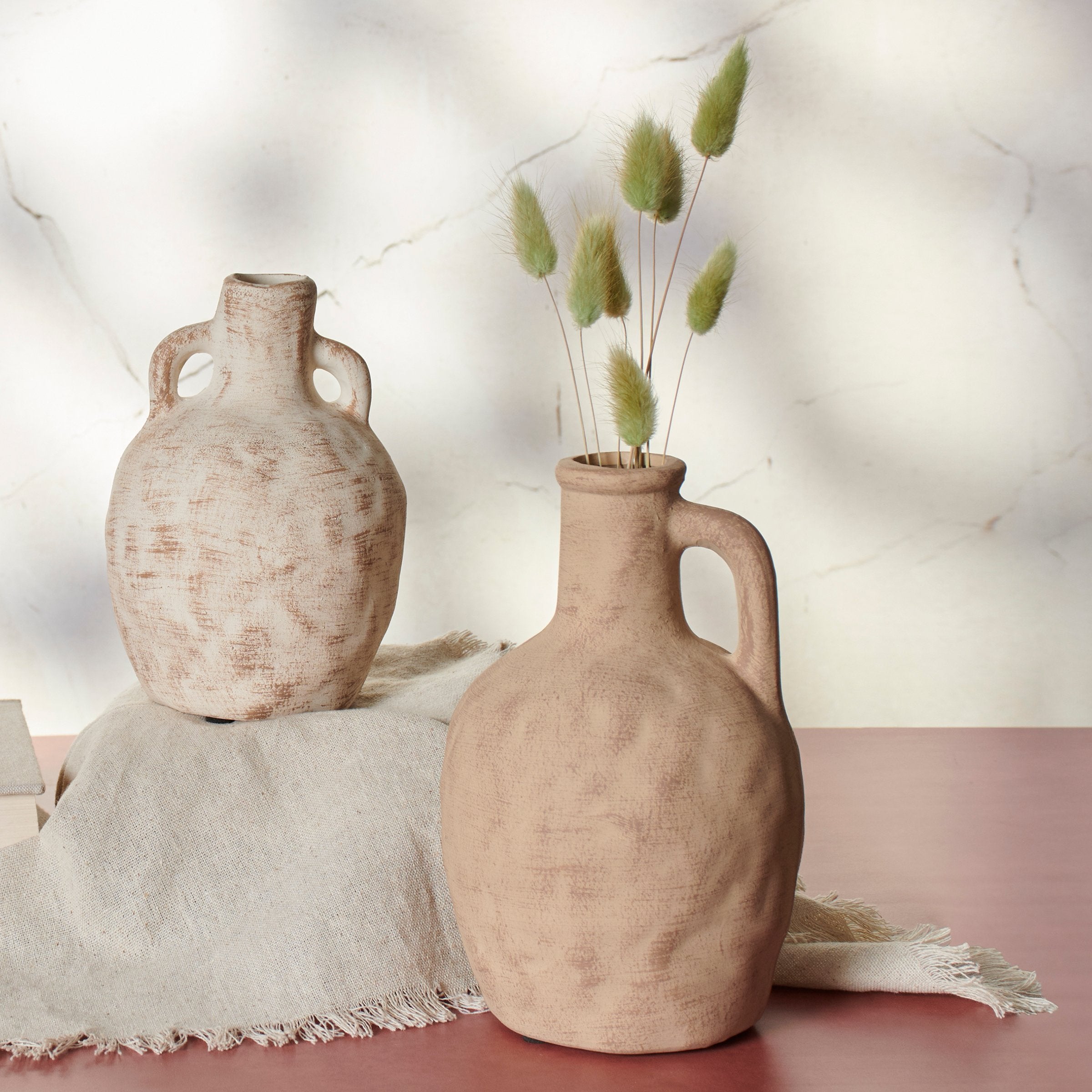 Rustic Farmhouse Ceramic Jug Vases: Distressed Decor Set for Stemmed Florals