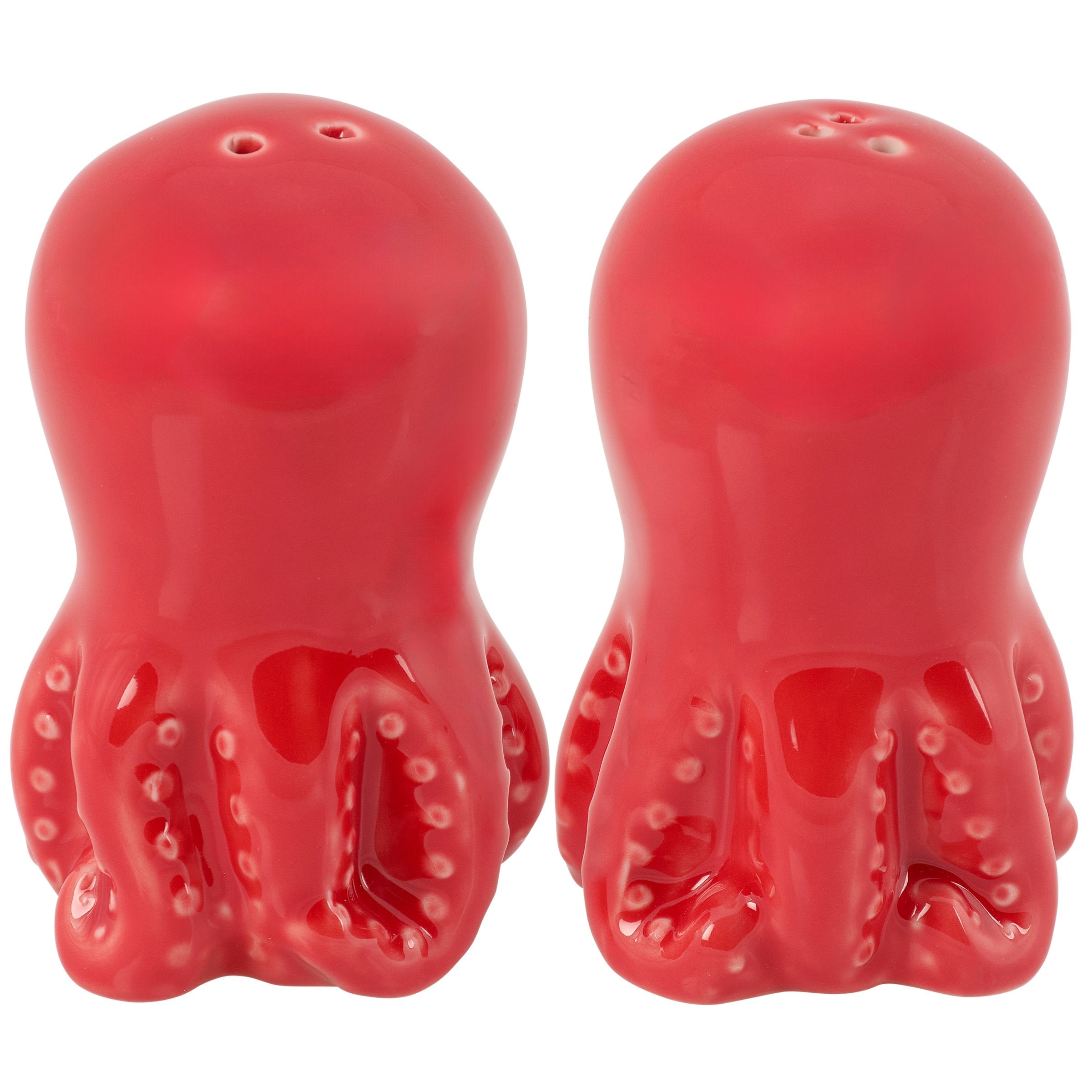 Charming Red Octopus Salt & Pepper Shakers, Hand-Painted Porcelain, Beach Decor