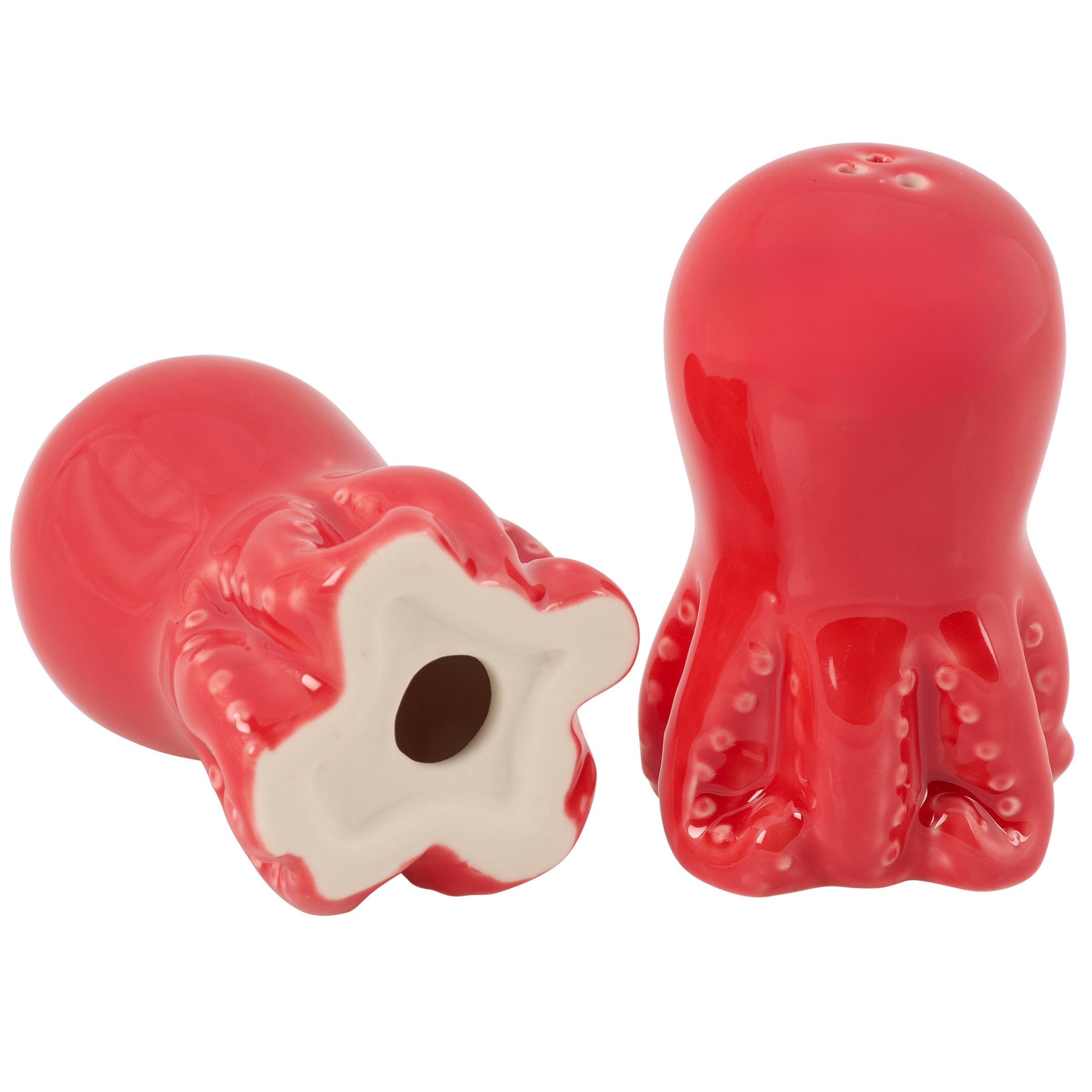 Charming Red Octopus Salt & Pepper Shakers, Hand-Painted Porcelain, Beach Decor