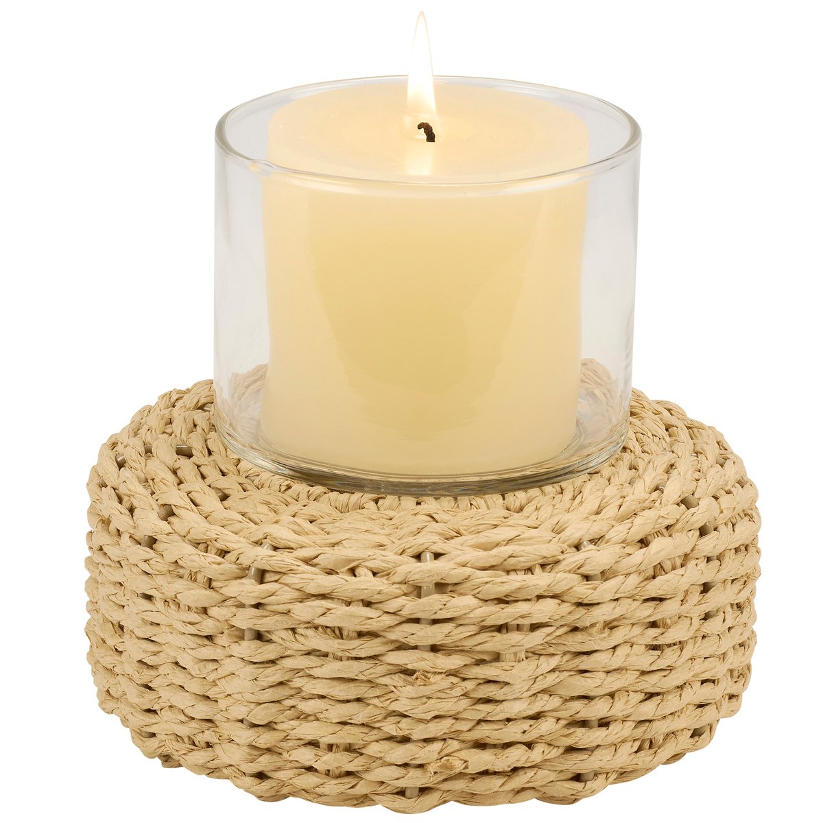 Coastal Woven Rattan Candle Holder with Glass Votive Insert for Beach Decor